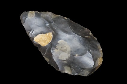 4 5/8" x 2 1/2" Acheulean Hand Axe, Paleolithic, Elongated Cordiform Shape of Spotted Blue/Black