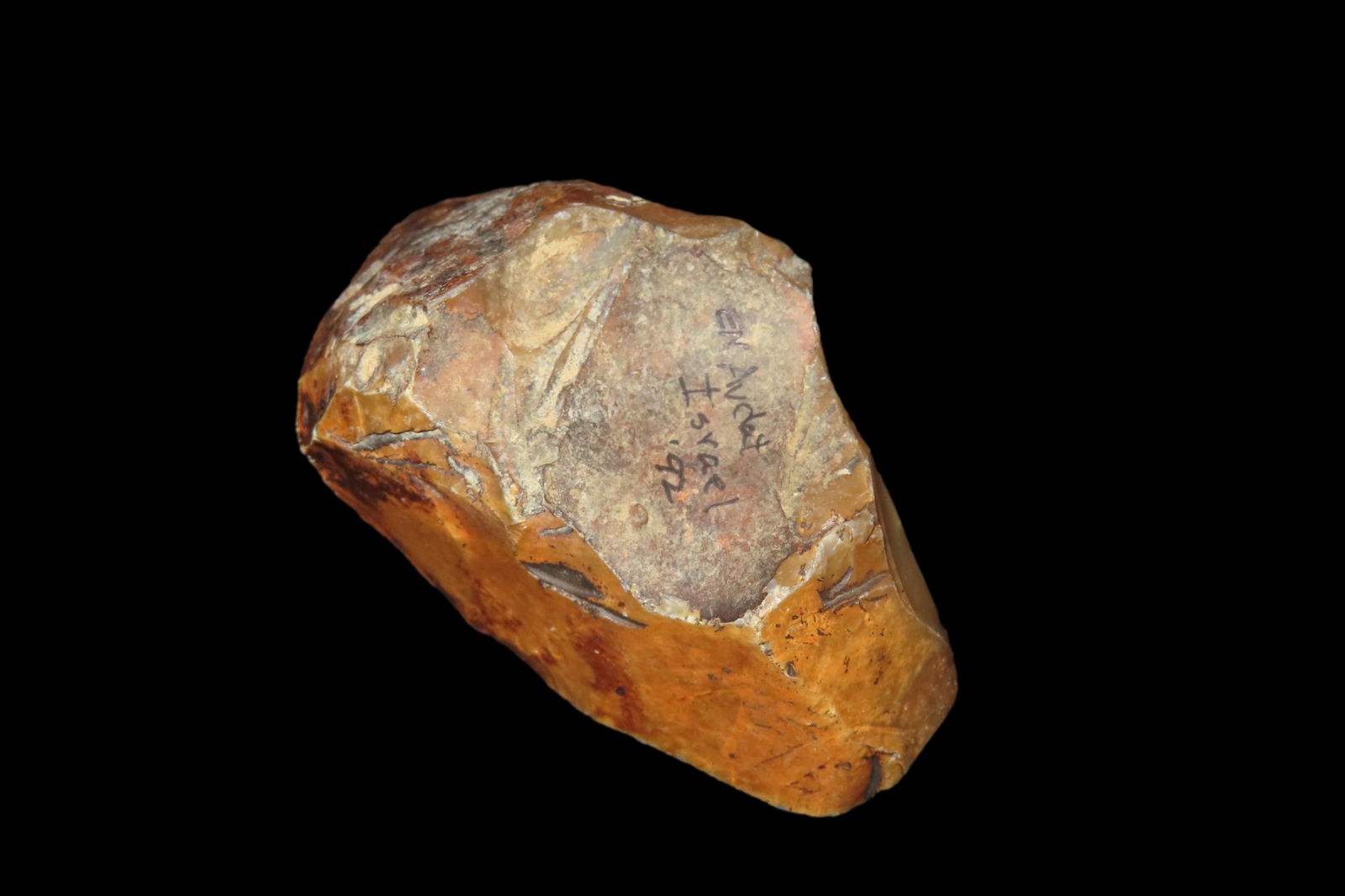 3 1/2" X 2 3/8" Neolithic Hand Tool, found by Wes Smith March 1992 at Quarry Site, En Avdat in the: 3 1/2" X 2 3/8" Neolithic Hand Tool, found by Wes Smith March 1992 at Quarry Site, En Avdat in the Judean Desert