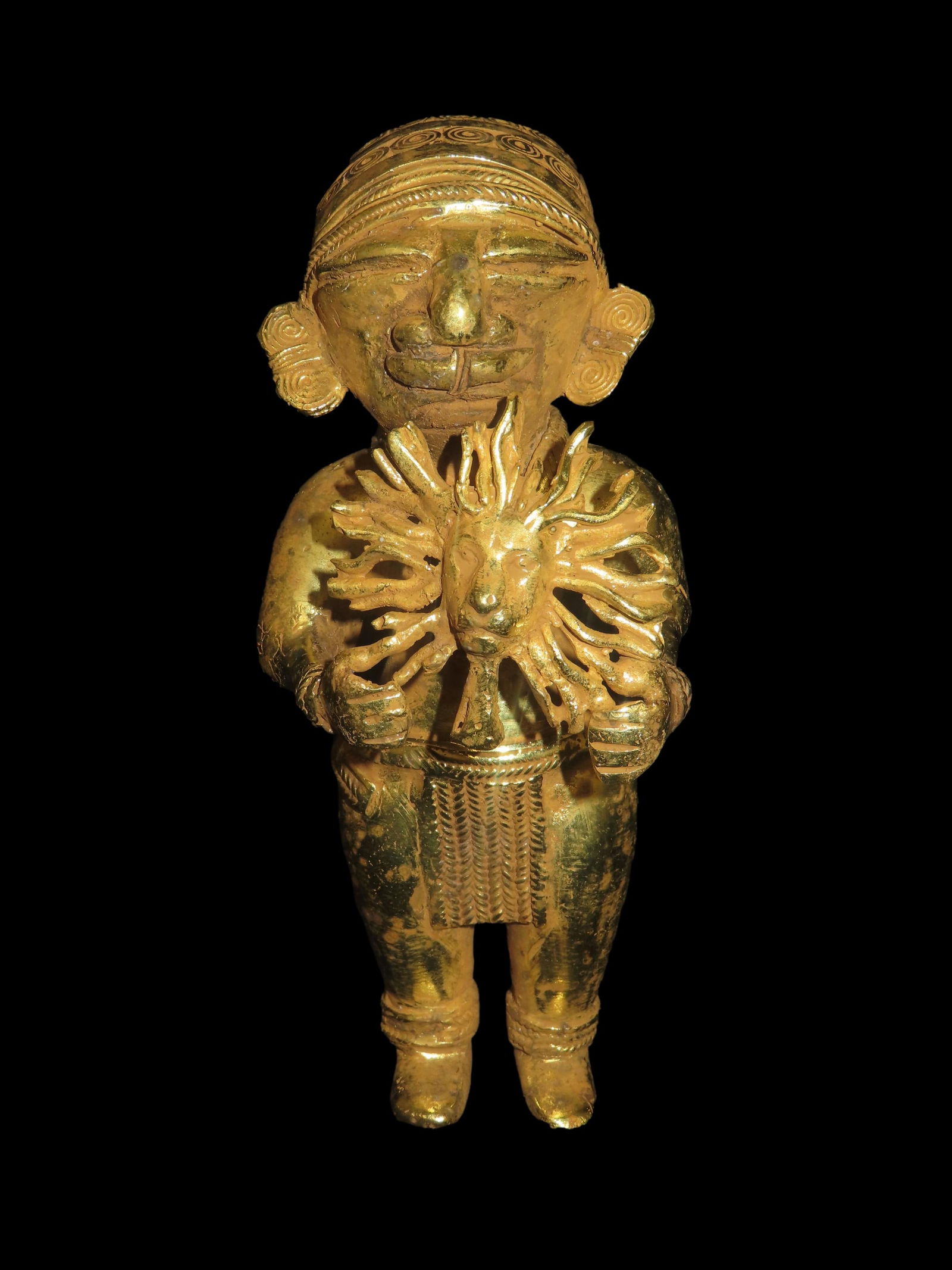 6 1/16" x 2 5/8" Pre-Columbian Tairona Tumbaga Sun God Idol, Motley COA, found in Columbia, Ex Steve (1 of 11)