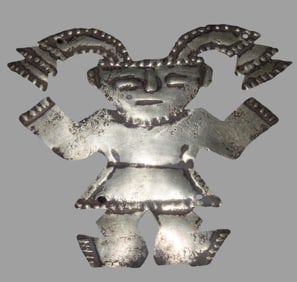 2" x 2 1/2" Pre-Columbian Silvertone Human Effigy Pendant, Peru,  South America