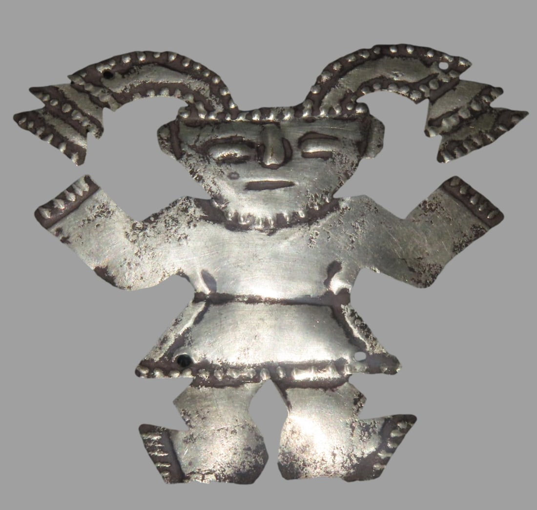 2" x 2 1/2" Pre-Columbian Silvertone Human Effigy Pendant, Peru, South America (1 of 6)