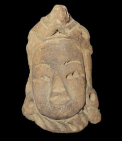 2 3/4" Pre-Columbian Pottery Human Head Effigy, with Bird Headdress, South America