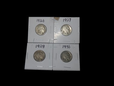 Nice Set Of 4 Well Displayed Buffalo Nickels Indian Head Early 1900's