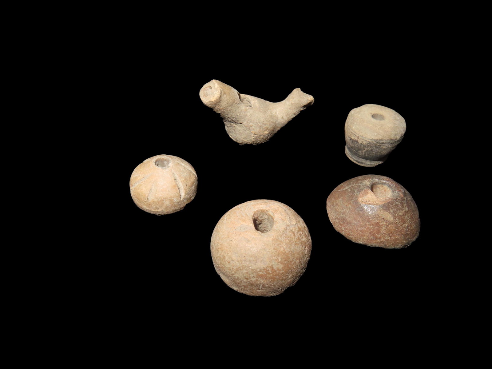 Group of 5 Pre-Columbian Pottery Effigy Beads-Maya Culture, 2000BC-1697AD, found in Belize (1 of 4)