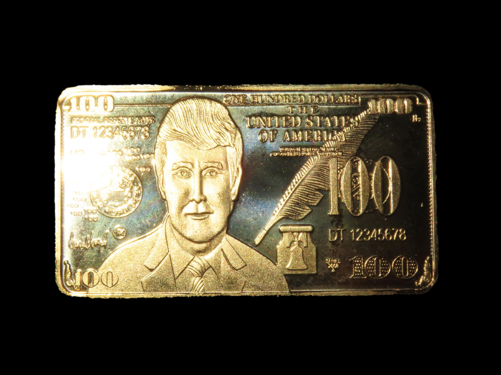 Gold-plated Donald Trump commemorative $100 bill bar ingot coin in plastic case NOT LEGAL TENDER (1 of 8)