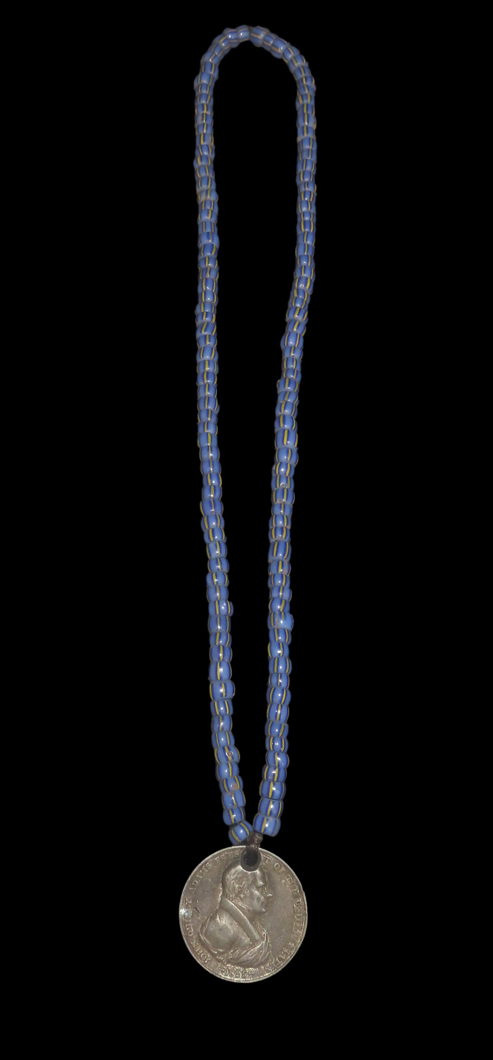 12' Strand of Blue and Yellow Historic Trade Beads, w/John Adams Peace Medallion: 12" Strand of Blue and Yellow Historic Trade Beads, w/John Adams Peace Medallion