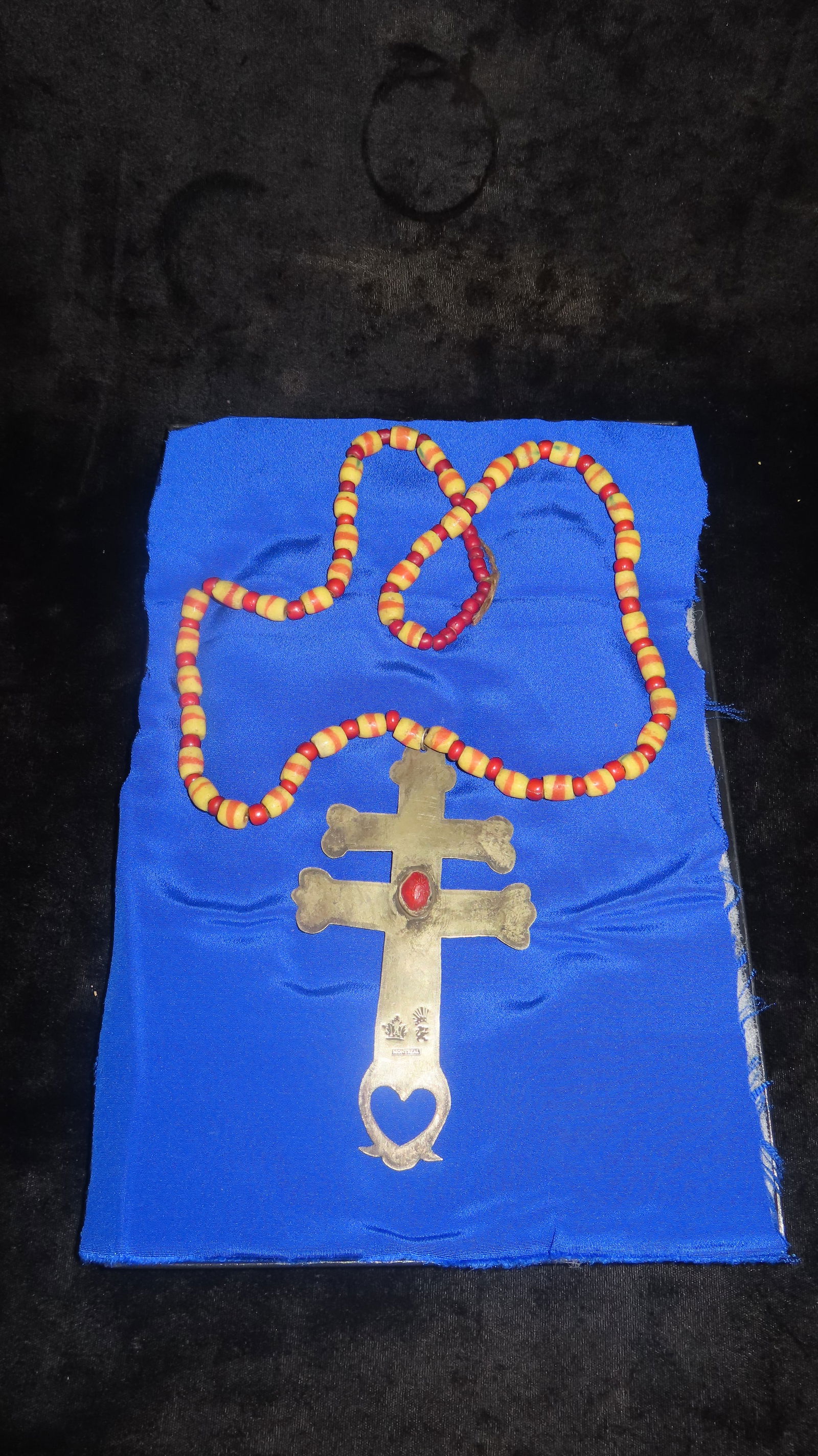 12' x 8' Riker Frame w/Yellow and Red Trade Bead Necklace with Montreal Stamped Silver Cross: 12" x 8" Riker Frame w/Yellow and Red Trade Bead Necklace with Montreal Stamped Silver Cross