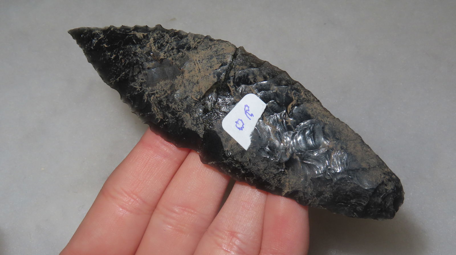 4 1/4" Obsidian Lancelot Blade, Broken & Reglued, Oregon: 4 1/4" Obsidian Lancelot Blade, Broken & Reglued, Oregon