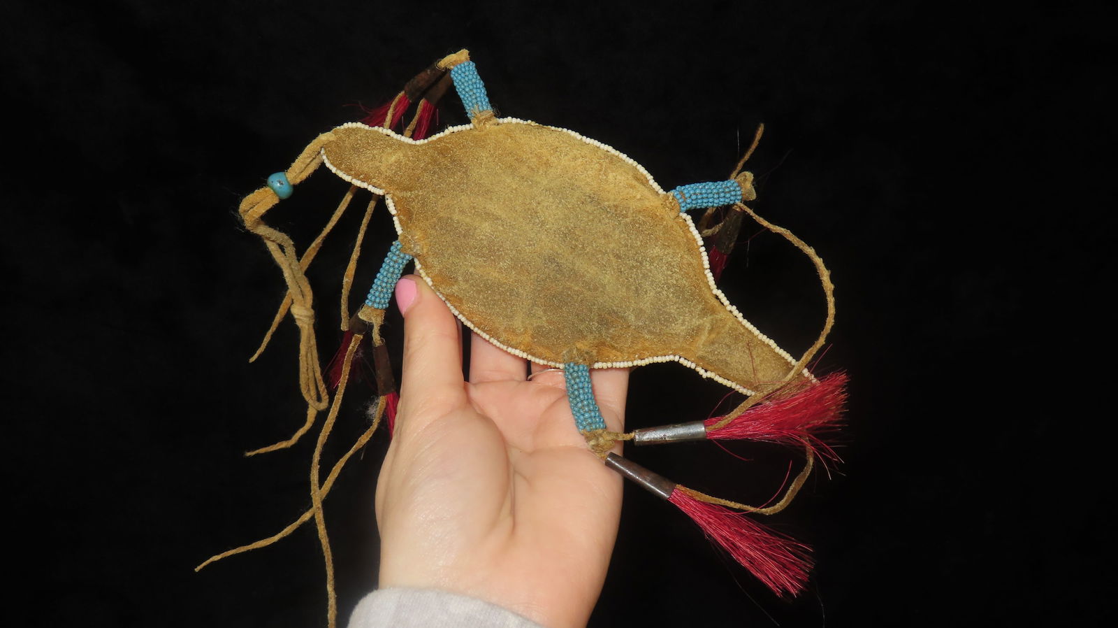 7" Beaded Fetish with Leather Belly, Early Piece: 7" Beaded Fetish with Leather Belly, Early Piece