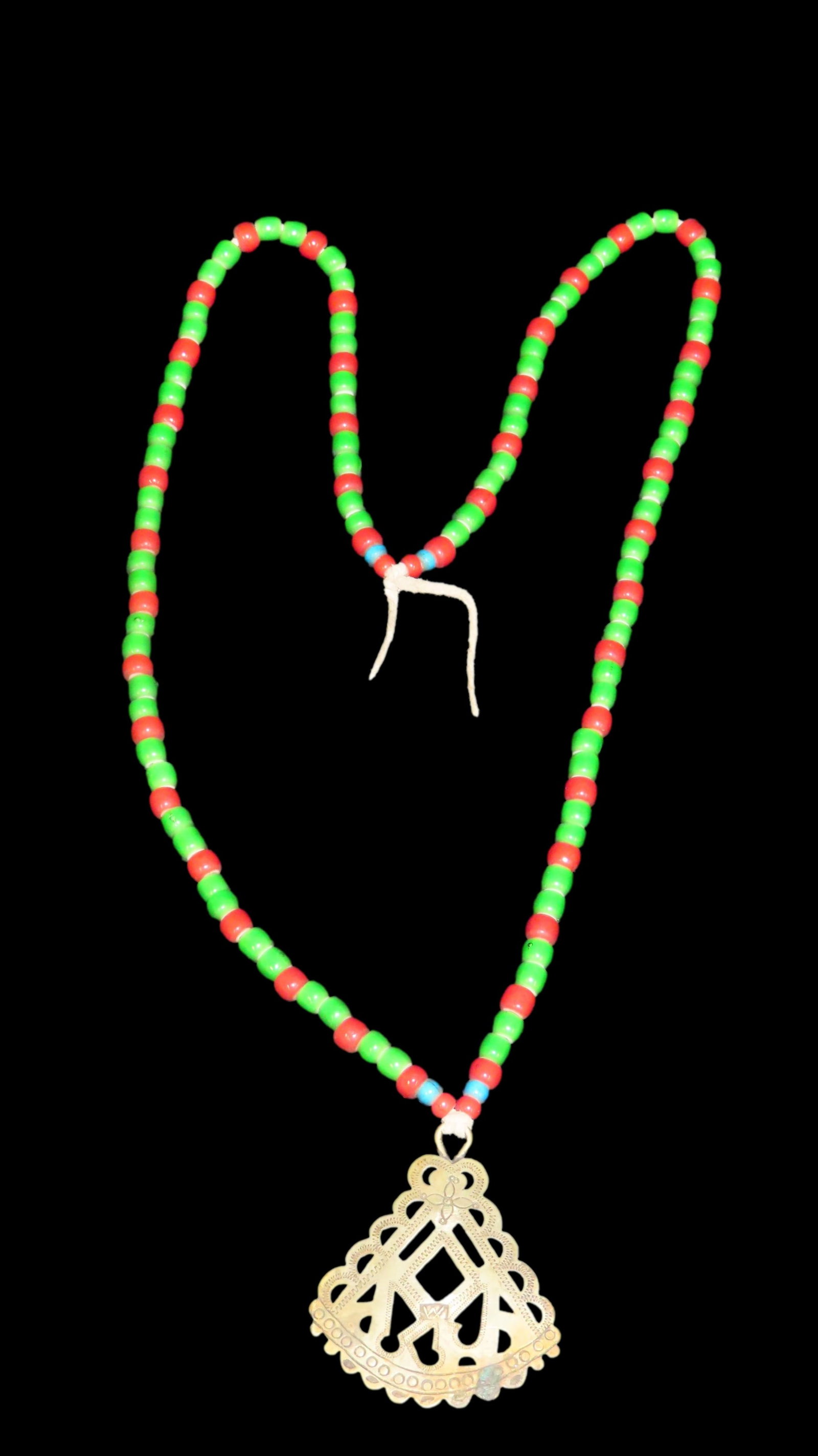 16 3/4" Historic Necklace, Red and Green Beads with Metal Pendant: 16 3/4" Historic Necklace, Red and Green Beads with Metal Pendant