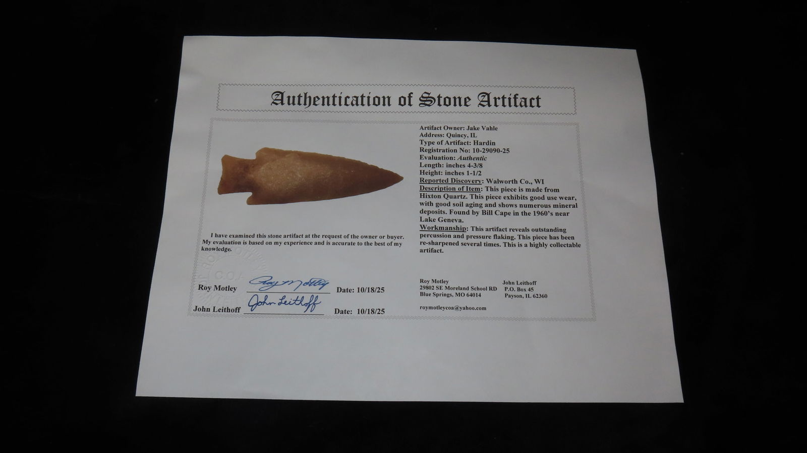 4 3/8" x 1 1/2" Hardin, Hixton Quartz, Walworth Co., Wisconsin, COA Motley and Leithoff - 9