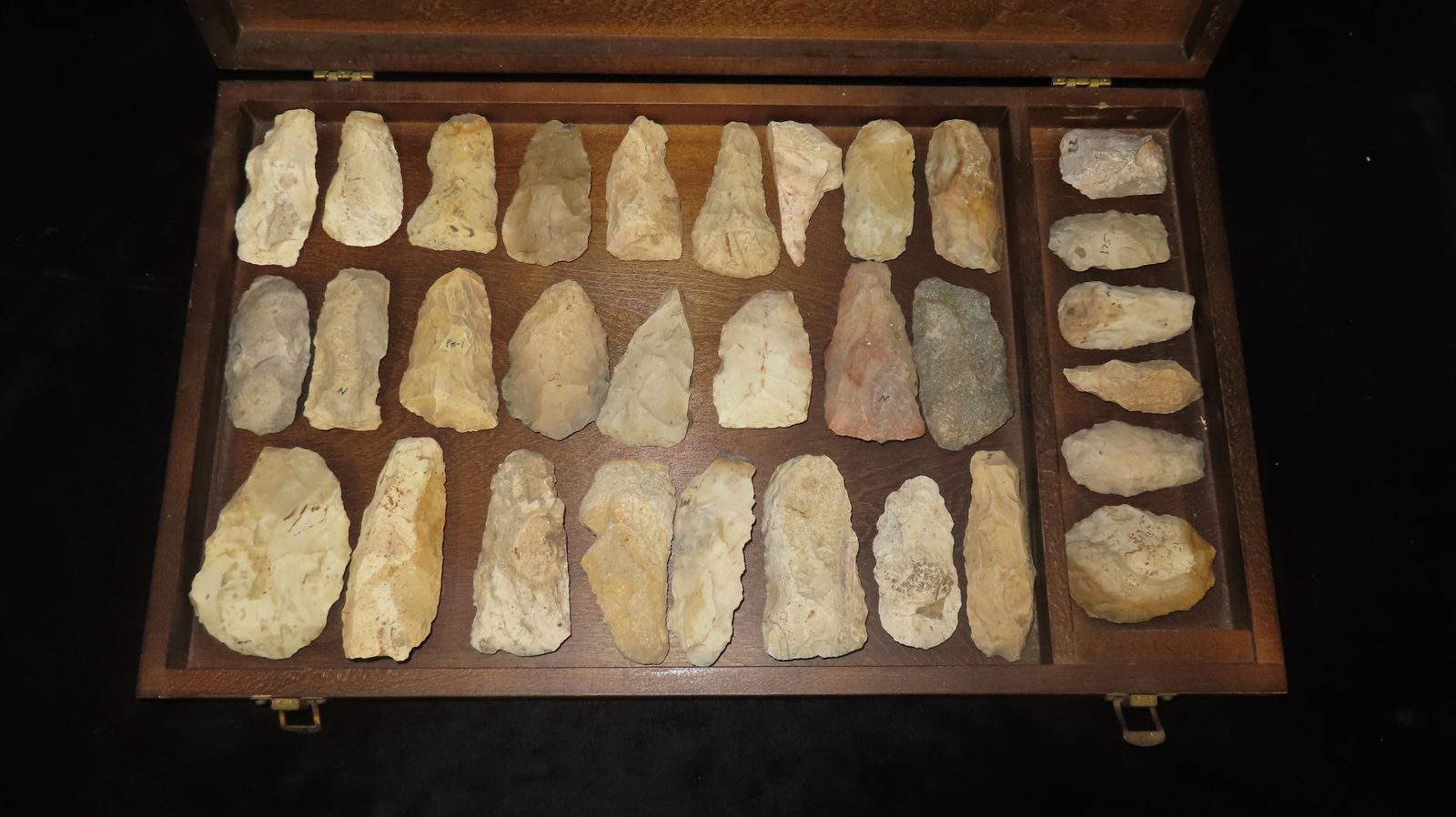 Display of 31 Archaic Stone Tools Found by Jack Schriver in Phelps Co., Missouri, in a wooden (1 of 9)