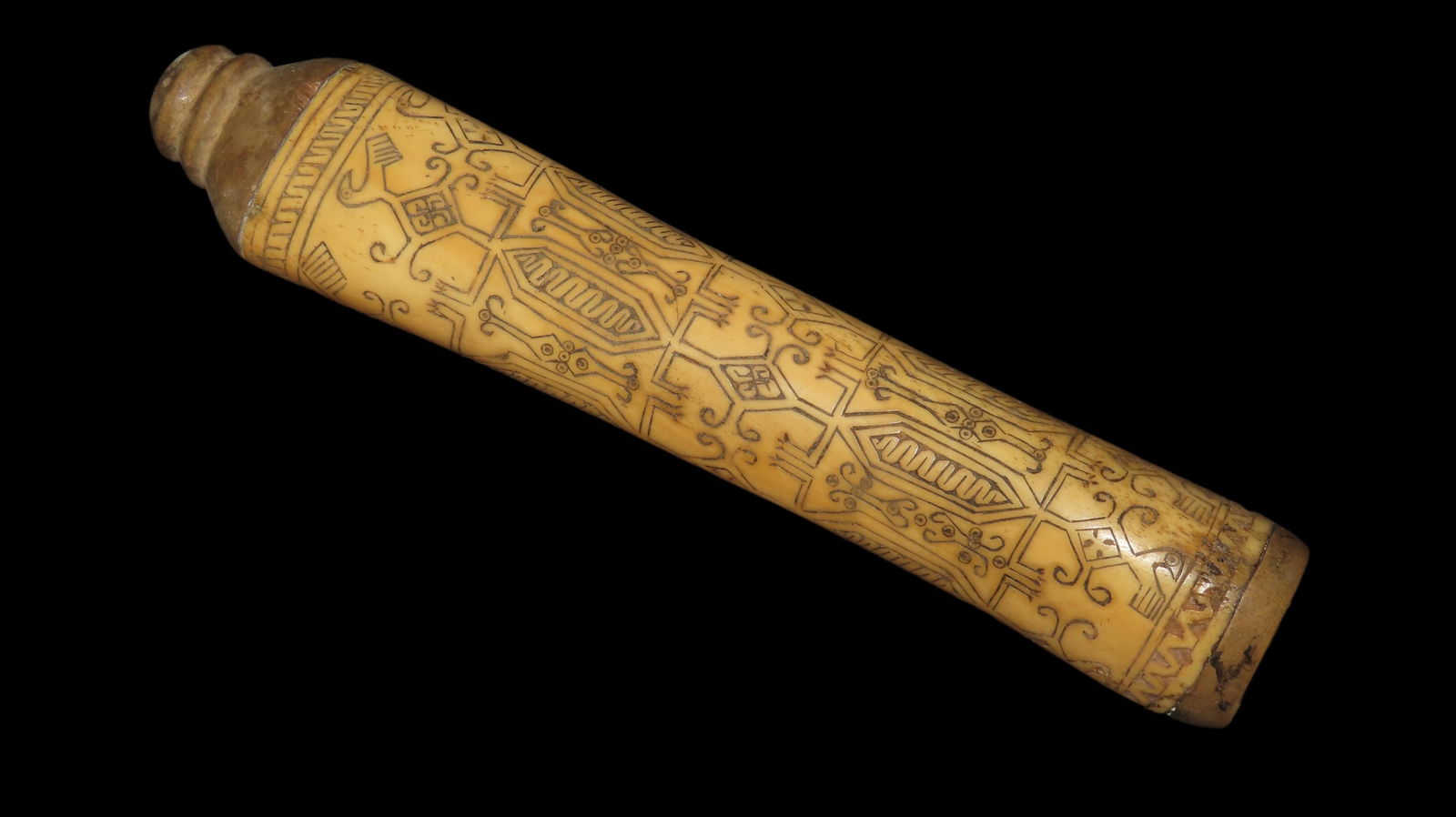 9 1/4" Indonesian Lime Container Bone Intricately Carved and Designed Early1800's (1 of 7)