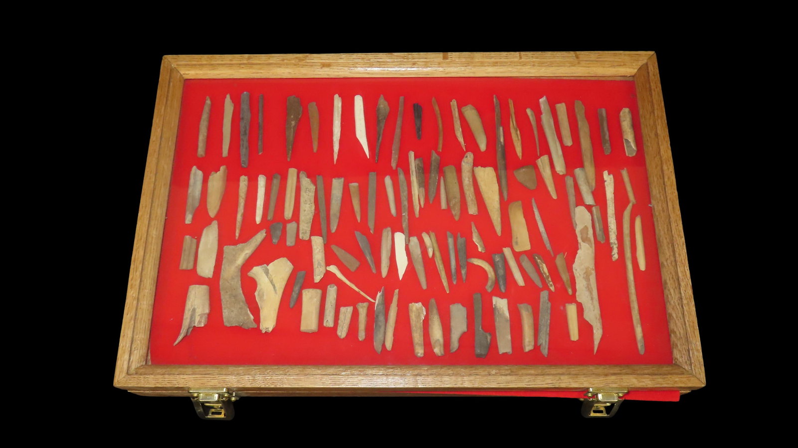12" x 18" Frame containing a variety of bone awls and bone pieces (1 of 9)