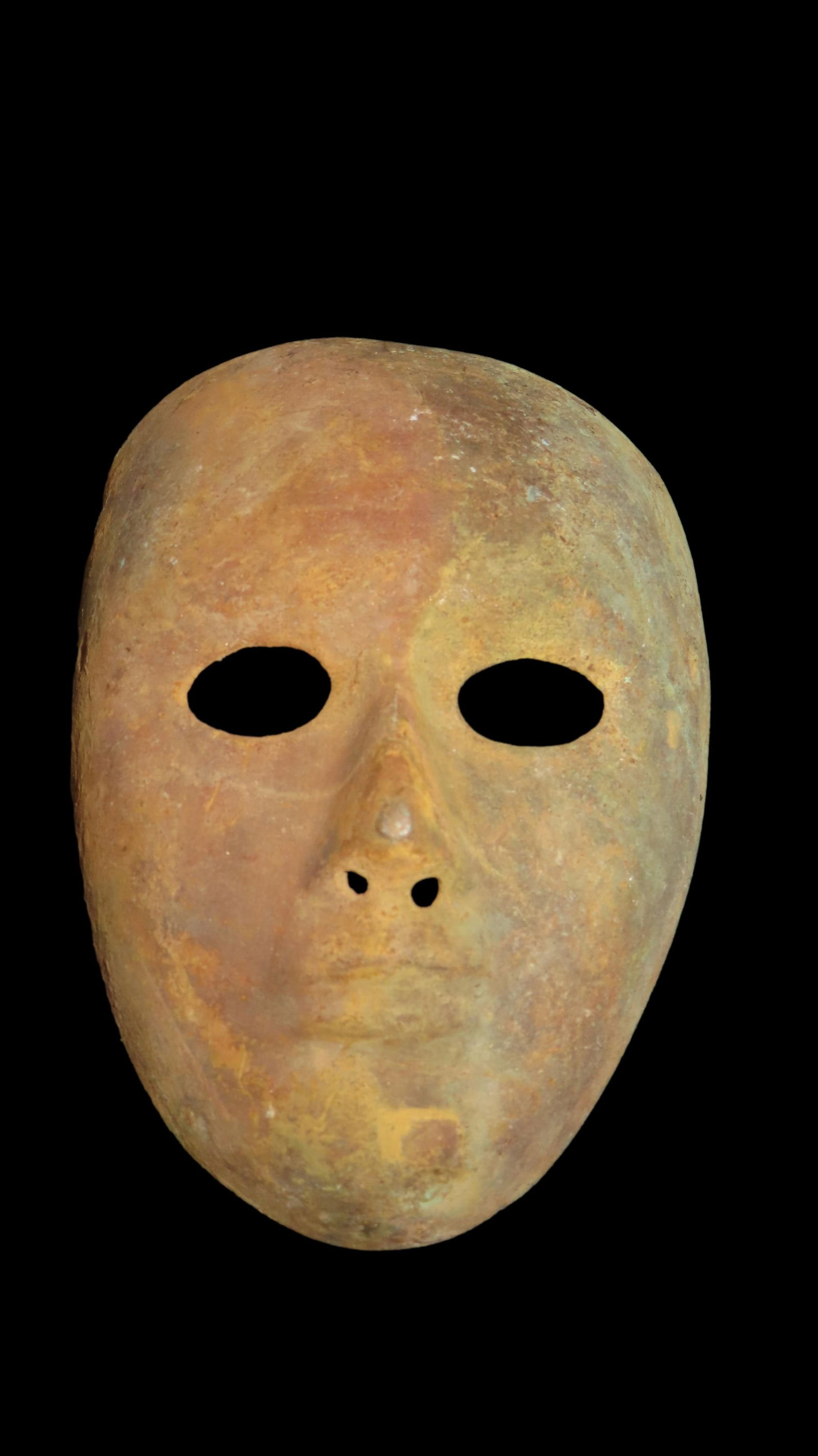 4 5/16" x 5 7/8" Face Mask. Copper with some Iron Content. Peru. COA Motley and Leithoff.: 4 5/16" x 5 7/8" Face Mask. Copper with some Iron Content. Peru. COA Motley and Leithoff.