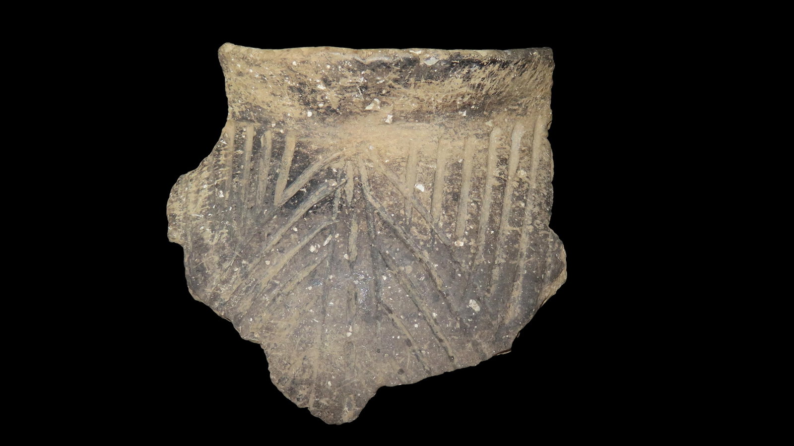 3 5/8" x 3 3/4" Large Pottery Shard, Found by Wes and Marilyn Smith in Eastern Doniphan Co. Kansas: 3 5/8" x 3 3/4" Large Pottery Shard, Found by Wes and Marilyn Smith in Eastern Doniphan Co. Kansas at Fanning Campground in the Winter of 1950-51