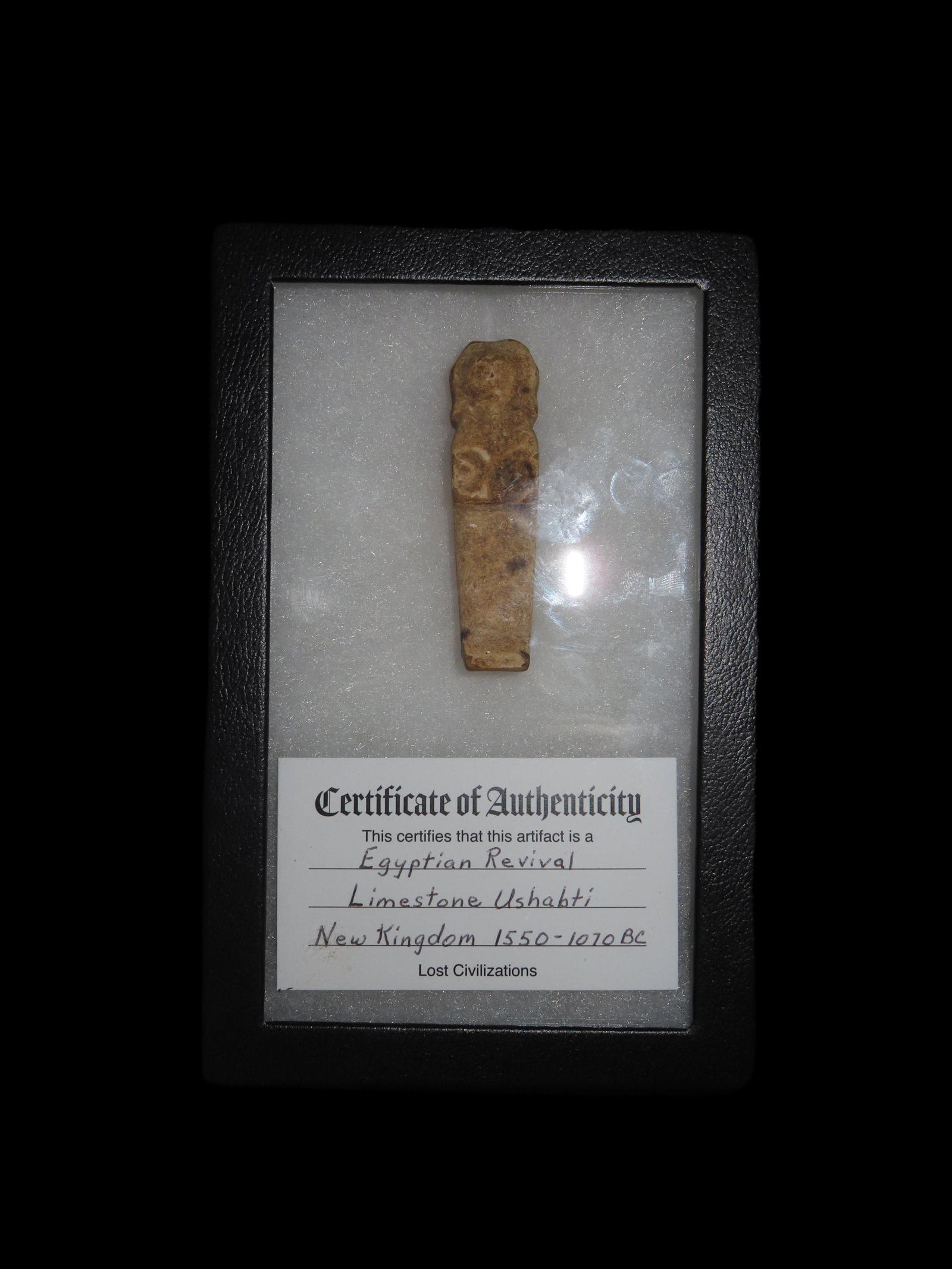 7x5 Ricker Frame With 2.7/8" Ushabti Revival Limestone ushabti New Kingdom 1550-1070BC Lost: 7x5 Ricker Frame With 2.7/8" Ushabti Revival Limestone ushabti New Kingdom 1550-1070BC Lost Civilizations COA