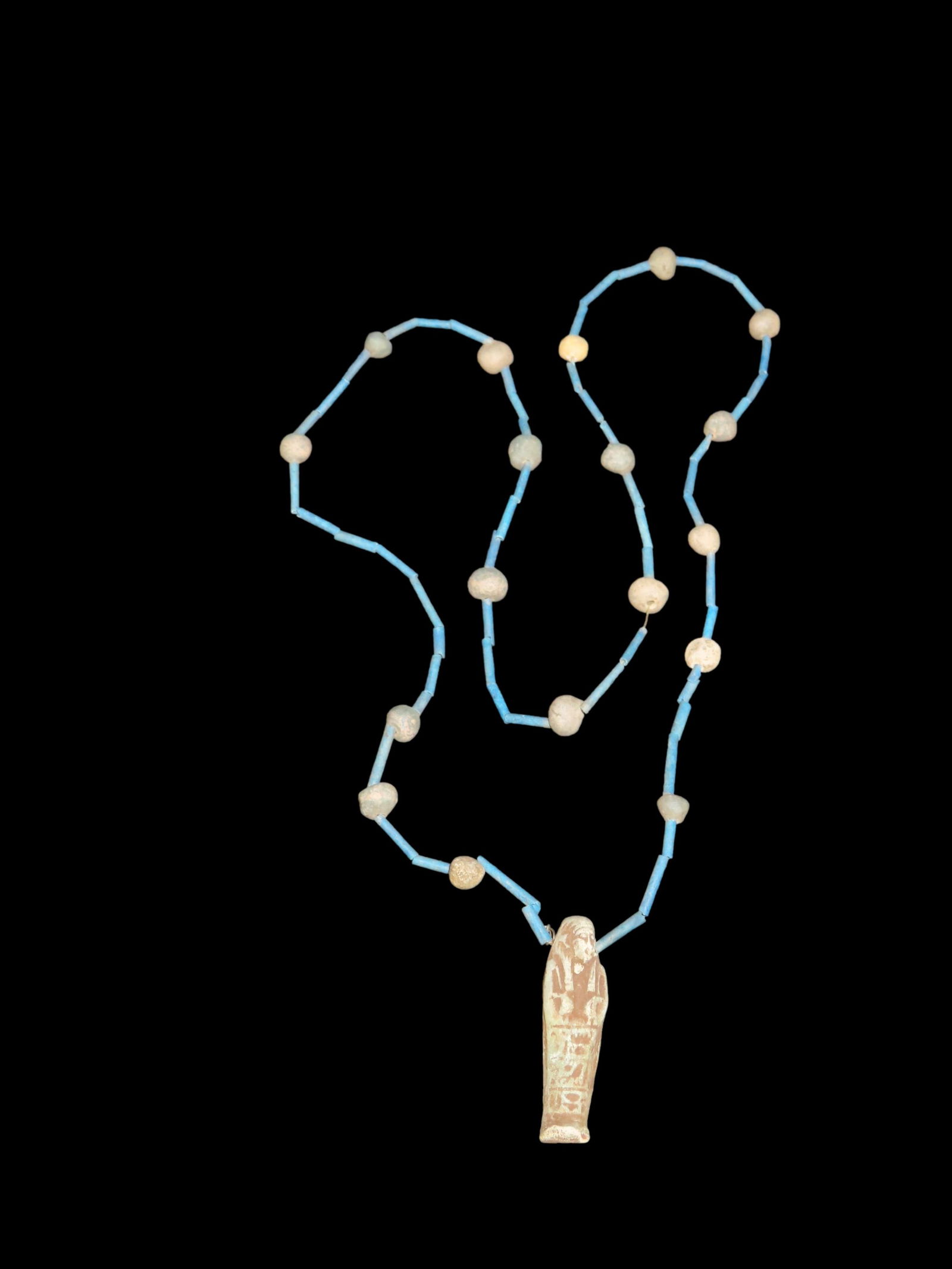 19" Antique Egyptian Faience and Pottery Necklace with Egyptian Ushabti Amulet Attached: 19" Antique Egyptian Faience and Pottery Necklace with Egyptian Ushabti Amulet Attached