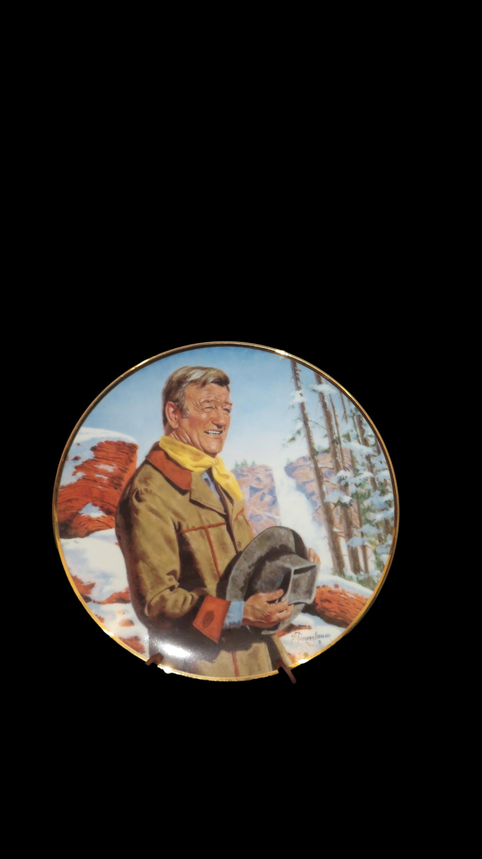 8 1/4" John Wayne Heirloom Collector Plate by Robert Tanenbaum, Pine Ridge, The Franklin Mint COA,: 8 1/4" John Wayne Heirloom Collector Plate by Robert Tanenbaum, Pine Ridge, The Franklin Mint COA, Crafted of fine porcelain and bordered in 24 karat gold