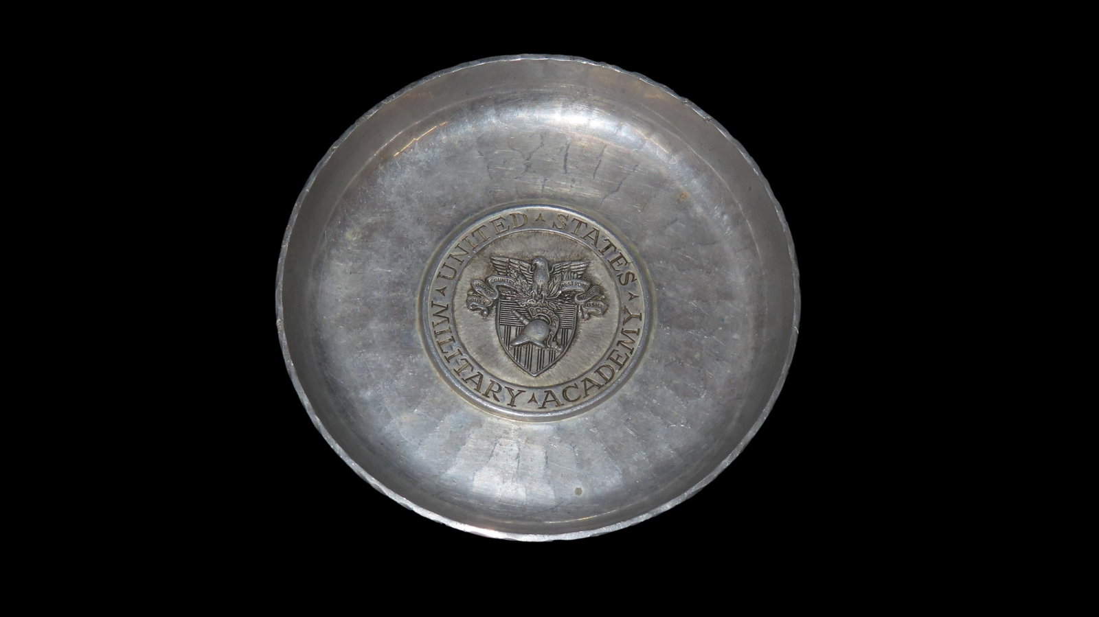 4 1/4" Pewter Souvenir Coin Dish featuring the emblem of the United States Military Academy: 4 1/4" Pewter Souvenir Coin Dish featuring the emblem of the United States Military Academy