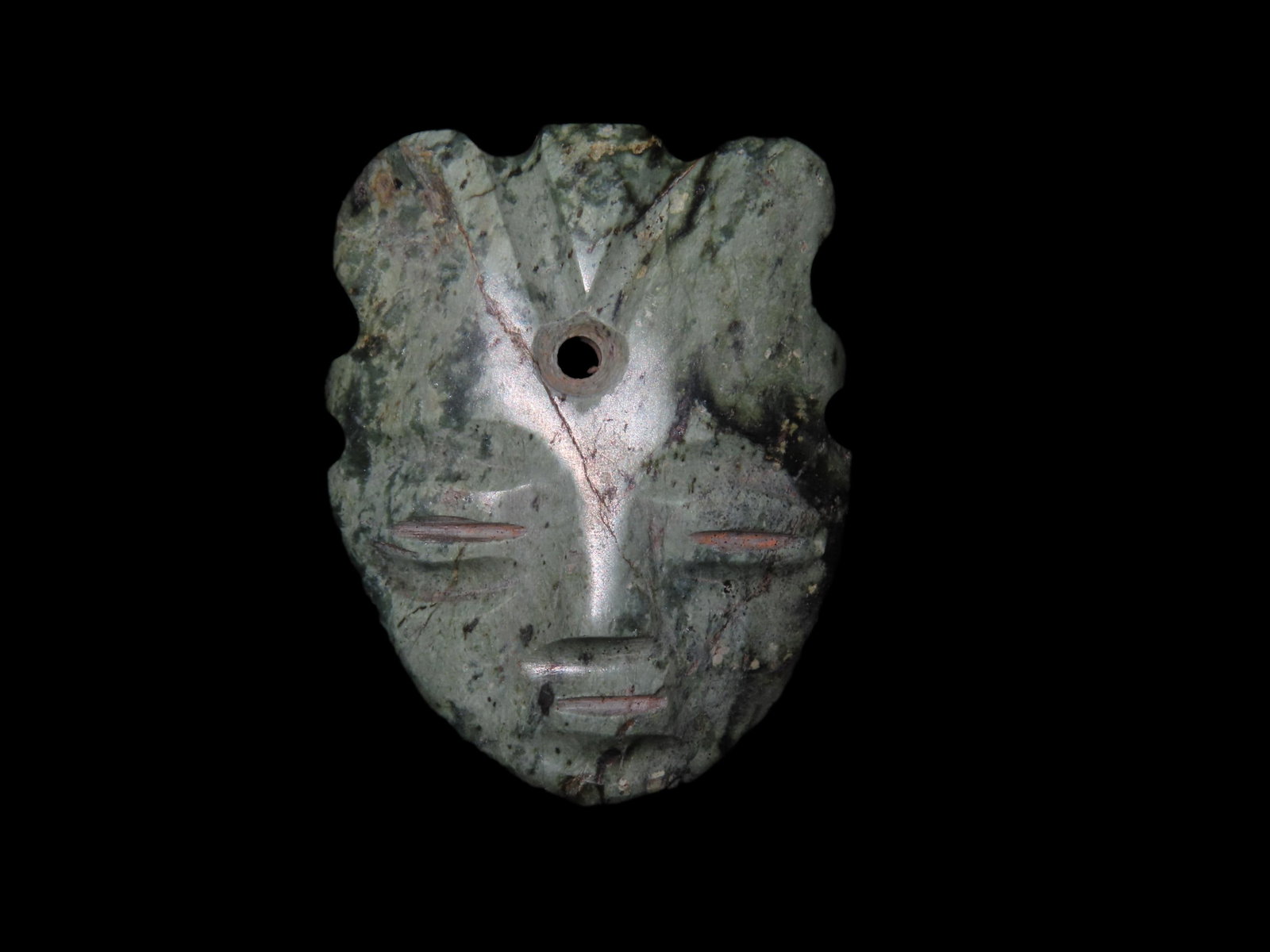 1 11/16" Pre-Columbian Maskette, Jade. Columbia, South America.: 1 11/16" Pre-Columbian Maskette, Jade. Columbia, South America.