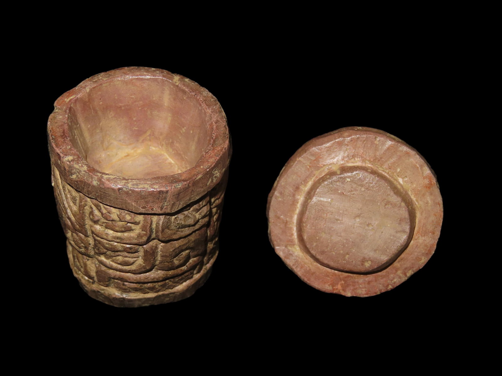 Pre-Columbian Carved Dish with Lid. Soft Reddish Stone. Belize, South America.: Pre-Columbian Carved Dish with Lid. Soft Reddish Stone. Belize, South America.