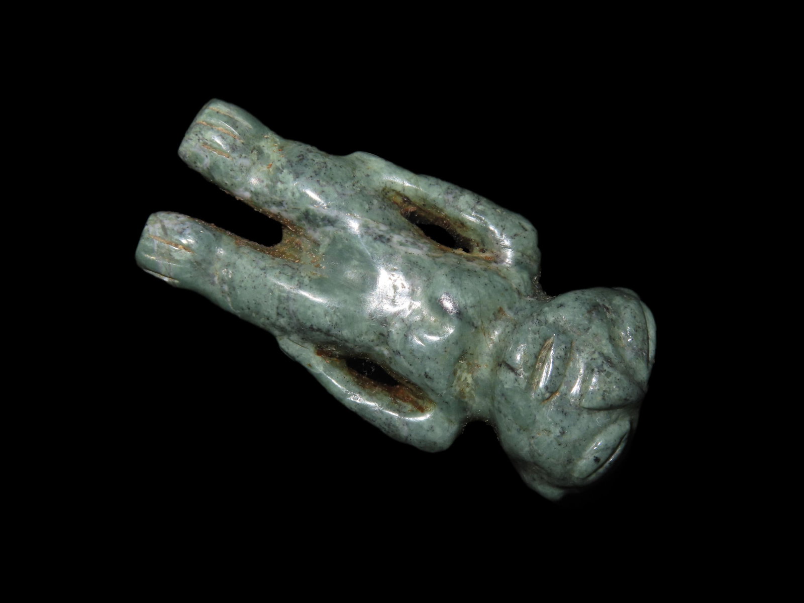 2 1/2" x 1 3/16" Pre-Columbian Human Effigy Idol. Jade. Belize.: 2 1/2" x 1 3/16" Pre-Columbian Human Effigy Idol. Jade. Belize.
