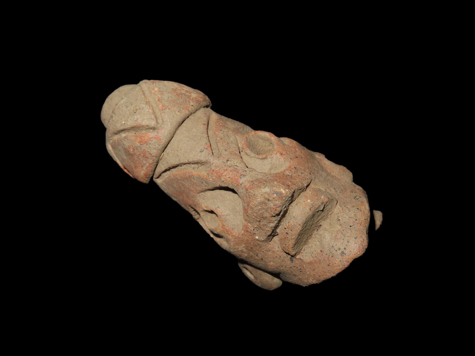 2 3/8" Pre-Columbian Pottery Figurine Head. Shamanistic Figure. Inca, Aztec, Mayan. South America.: 2 3/8" Pre-Columbian Pottery Figurine Head. Shamanistic Figure. Inca, Aztec, Mayan. South America.