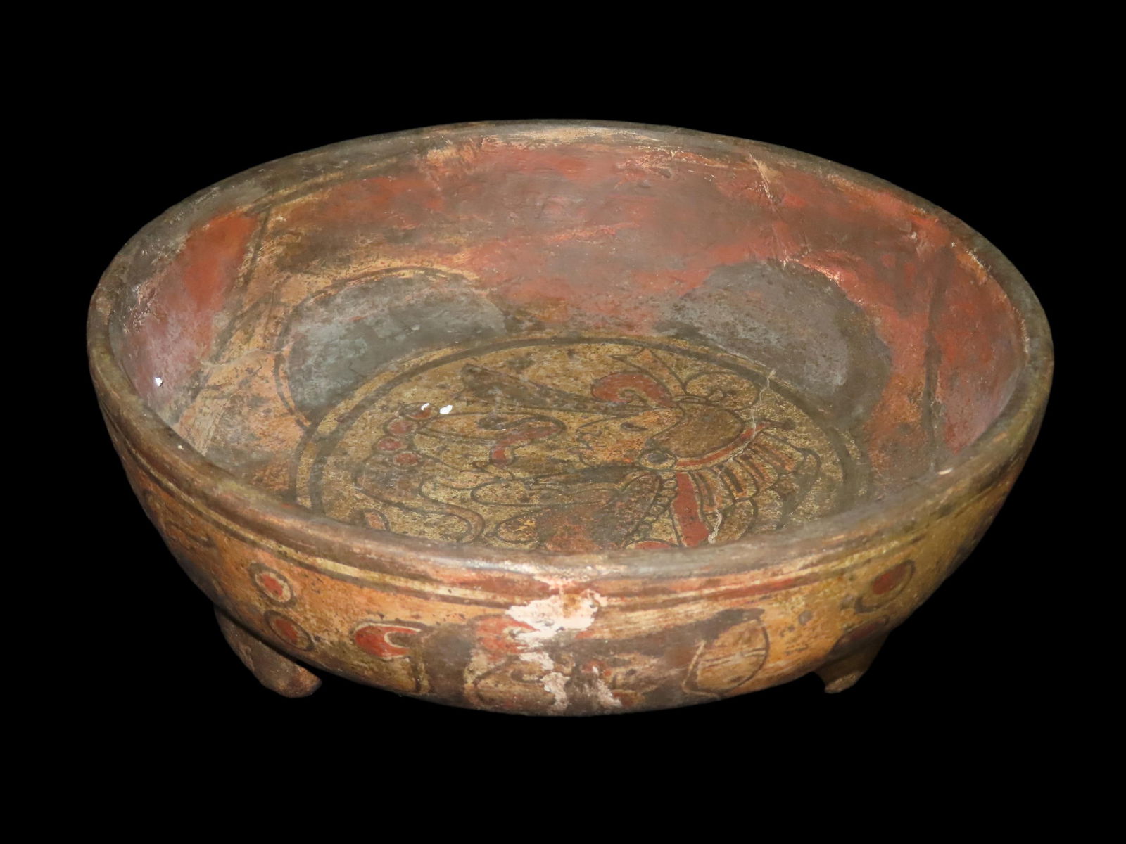 10 1/4" Pre-Columbian Pottery. Mayan Tri-Leg Bowl. Restored. Great Painted Design.: 10 1/4" Pre-Columbian Pottery. Mayan Tri-Leg Bowl. Restored. Great Painted Design.