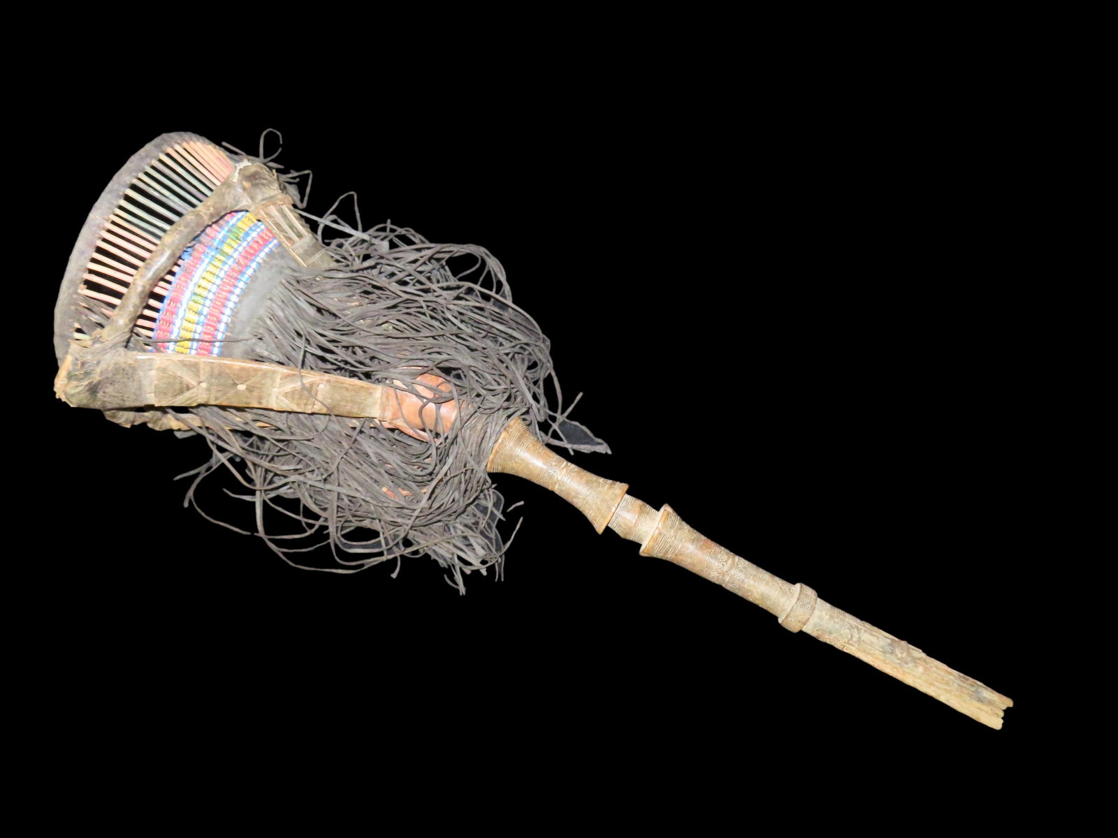 Wood, Leather and Bead Basket on a stick: Wood, Leather and Bead Basket on a stick