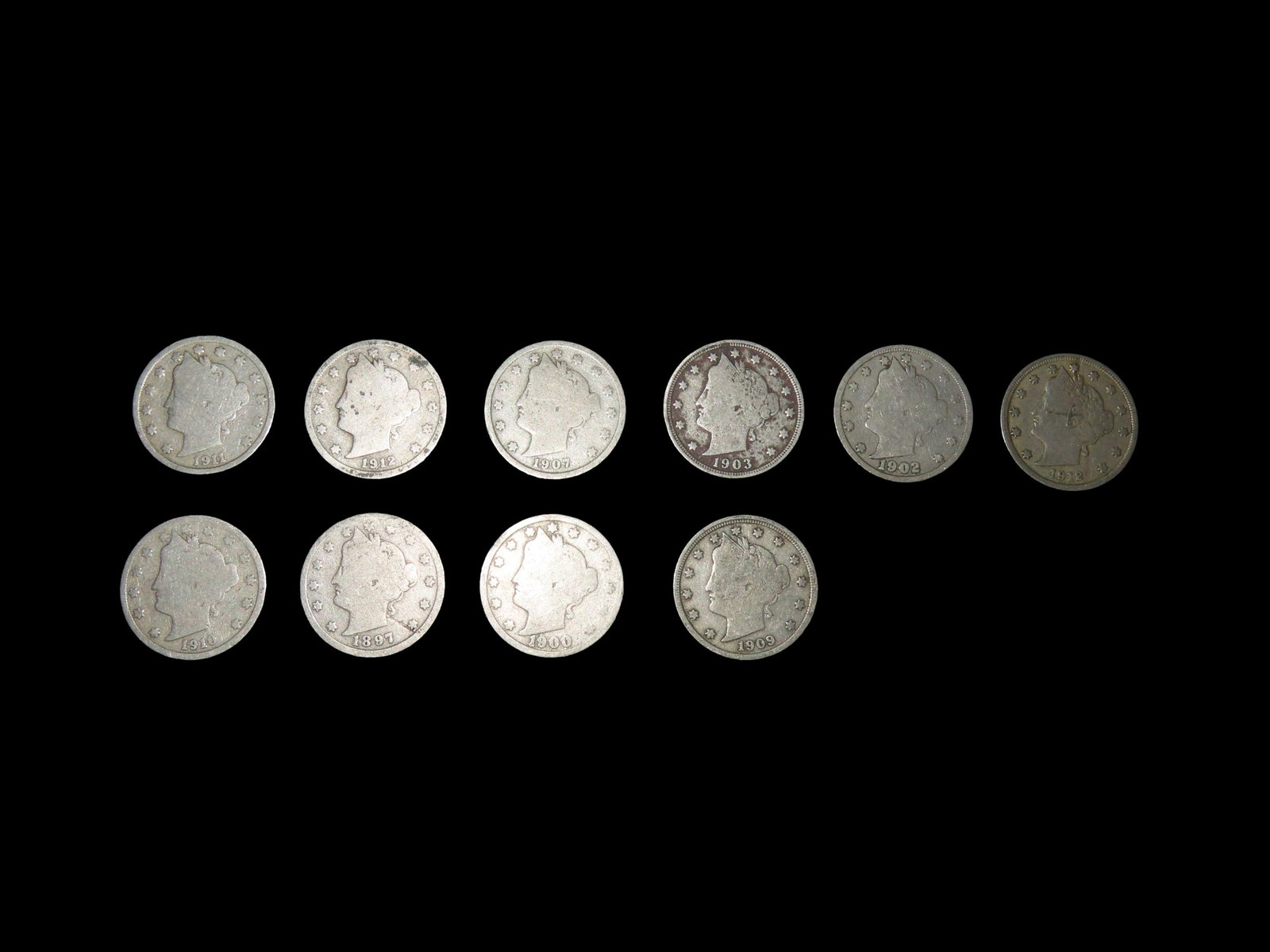 10 US Currency Silver Coins V, Nicklels late 1800's to early 1900's: 10 US Currency Silver Coins V, Nicklels late 1800's to early 1900's