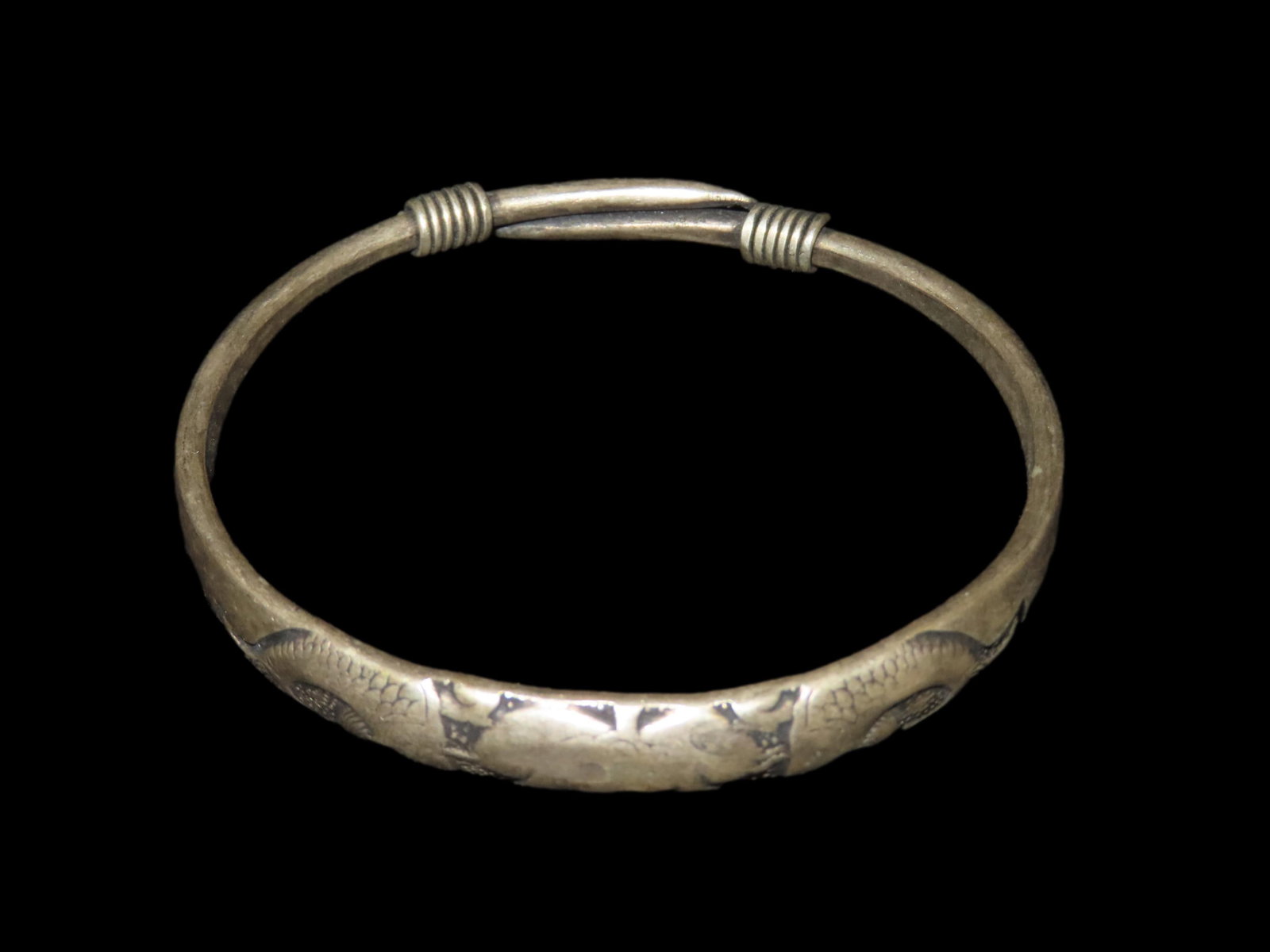 Asian Silver Bracelet with Unique Design, Stamped, Silver Content Unknown: Asian Silver Bracelet with Unique Design, Stamped, Silver Content Unknown
