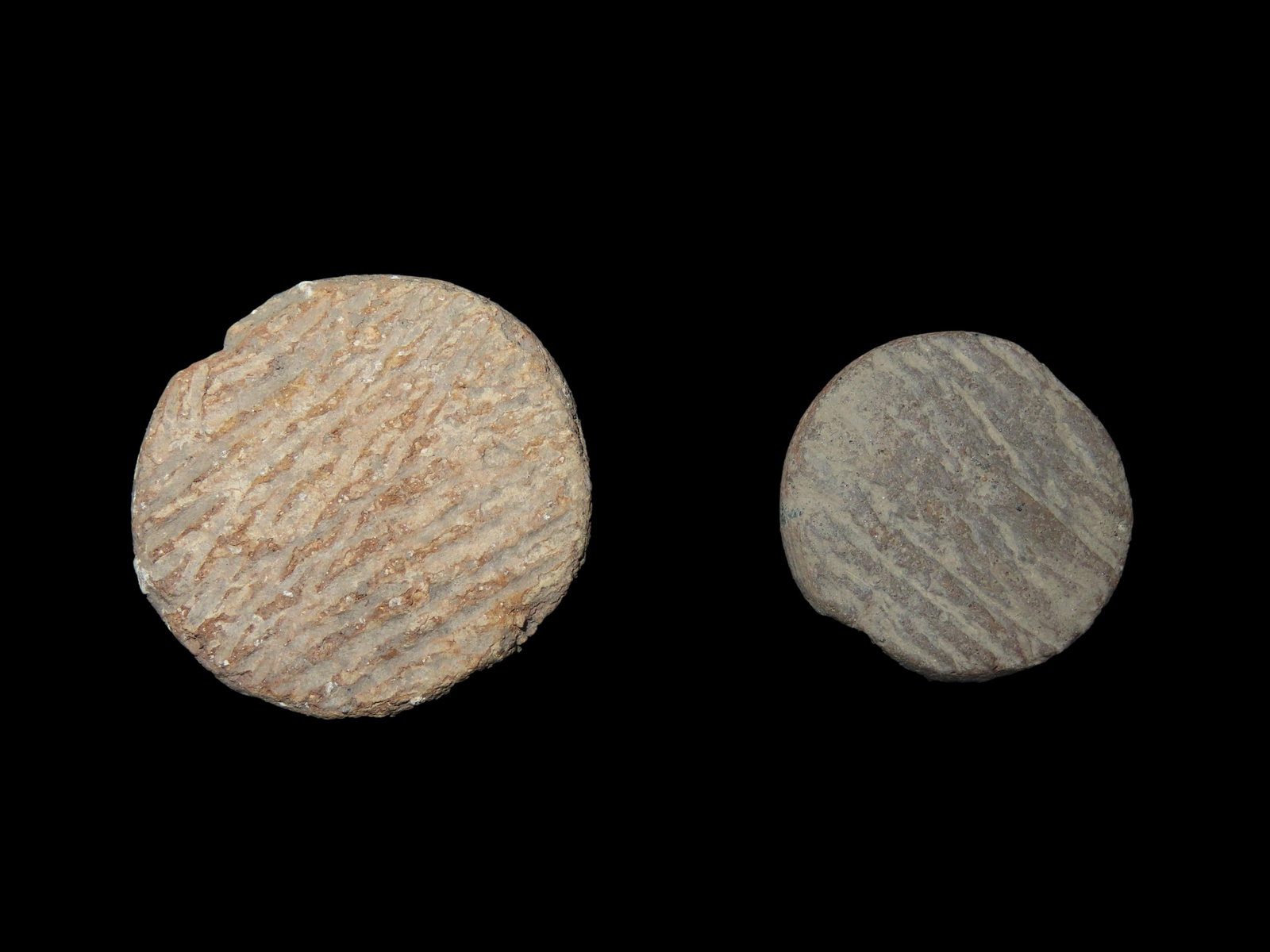 2 Pottery Discoidals, Ex. Schoon, Woodford County, Illinois: 2 Pottery Discoidals, Ex. Schoon, Woodford County, Illinois