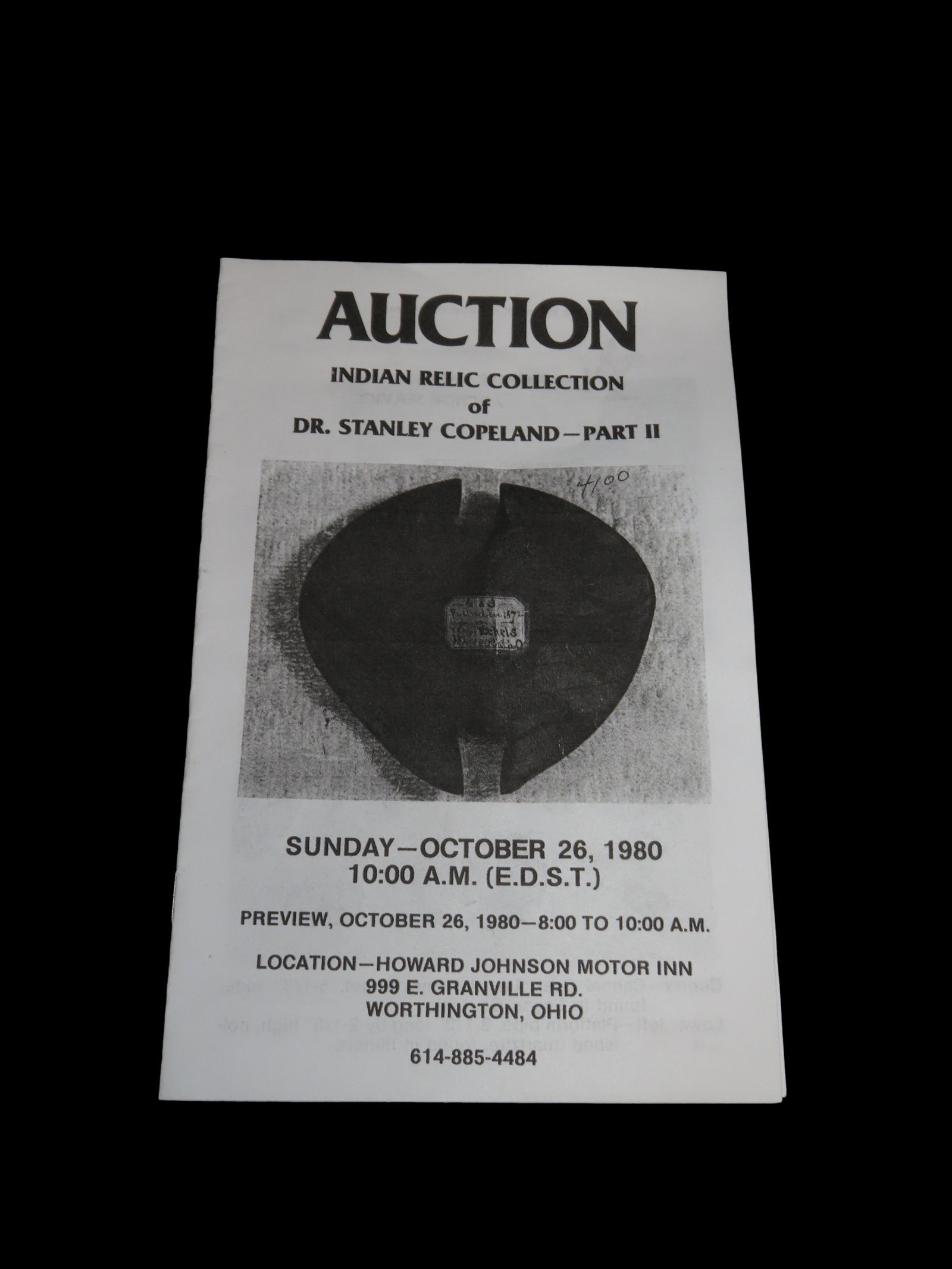 1980 Dr. Stanley Copeland Indian Artifact Collection Auction Catalog, Part 2, Painter Creek Auction: 1980 Dr. Stanley Copeland Indian Artifact Collection Auction Catalog, Part 2, Painter Creek Auction Service, Bannerstone, Birdstons, Dovetail, Pipes, Tons of Great Old Time Relics. Small 8 page Catalo