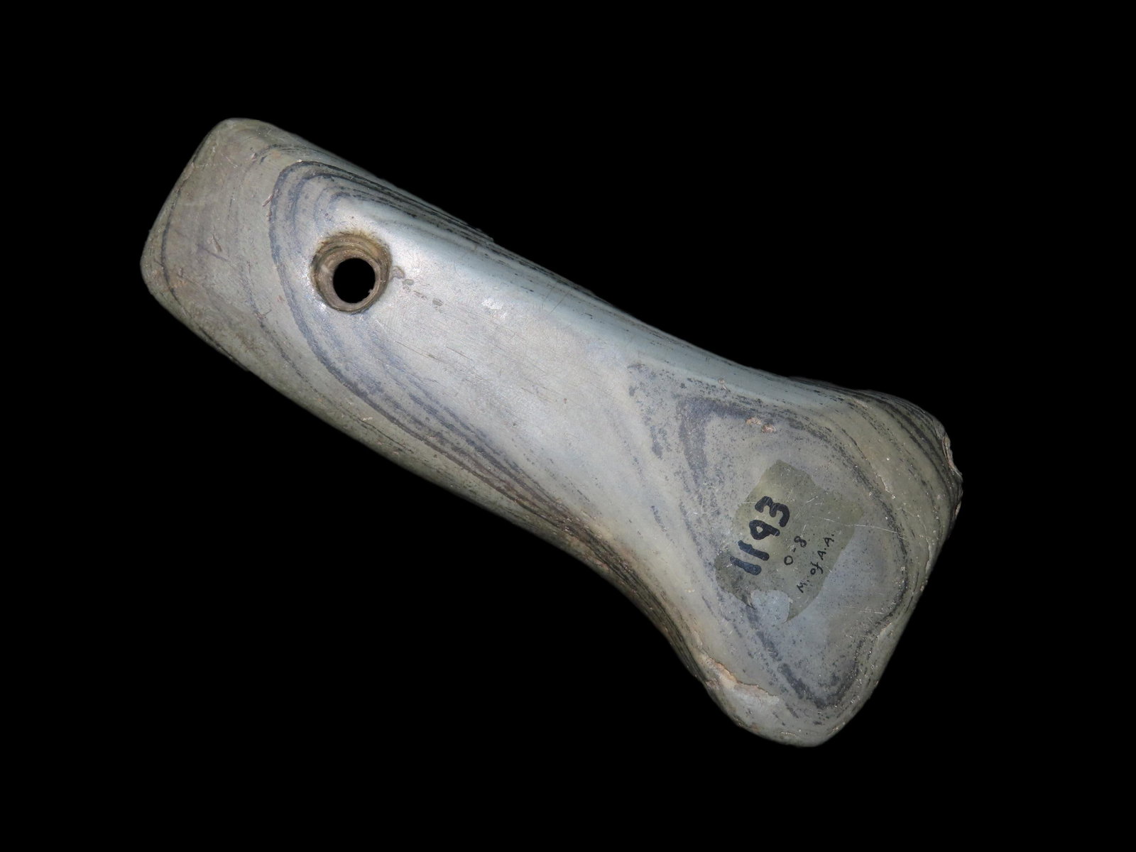 4 1/2" Banded Slate Anchor Pendant, Ogle Co. Illinois. Motley COA. Nice Vivid banding, amazing: 4 1/2" Banded Slate Anchor Pendant, Ogle Co. Illinois. Motley COA. Nice Vivid banding, amazing polish. All around nice example with great no brainer patina.