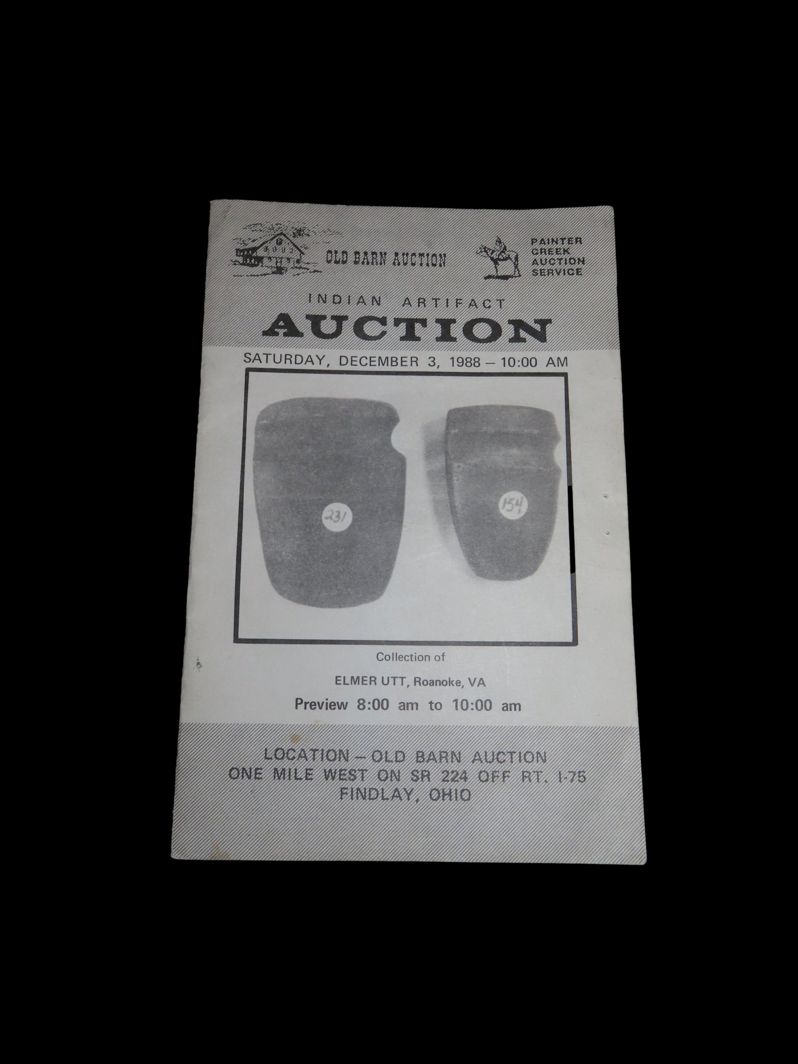 1988 Elmer Utt Indian Artifact Collection Auction Catalog, Old Barn/Painter Creek Auction Service,: 1988 Elmer Utt Indian Artifact Collection Auction Catalog, Old Barn/Painter Creek Auction Service, Birdstones, Axes, Arrowheads, Pottery, Pipes, Etc