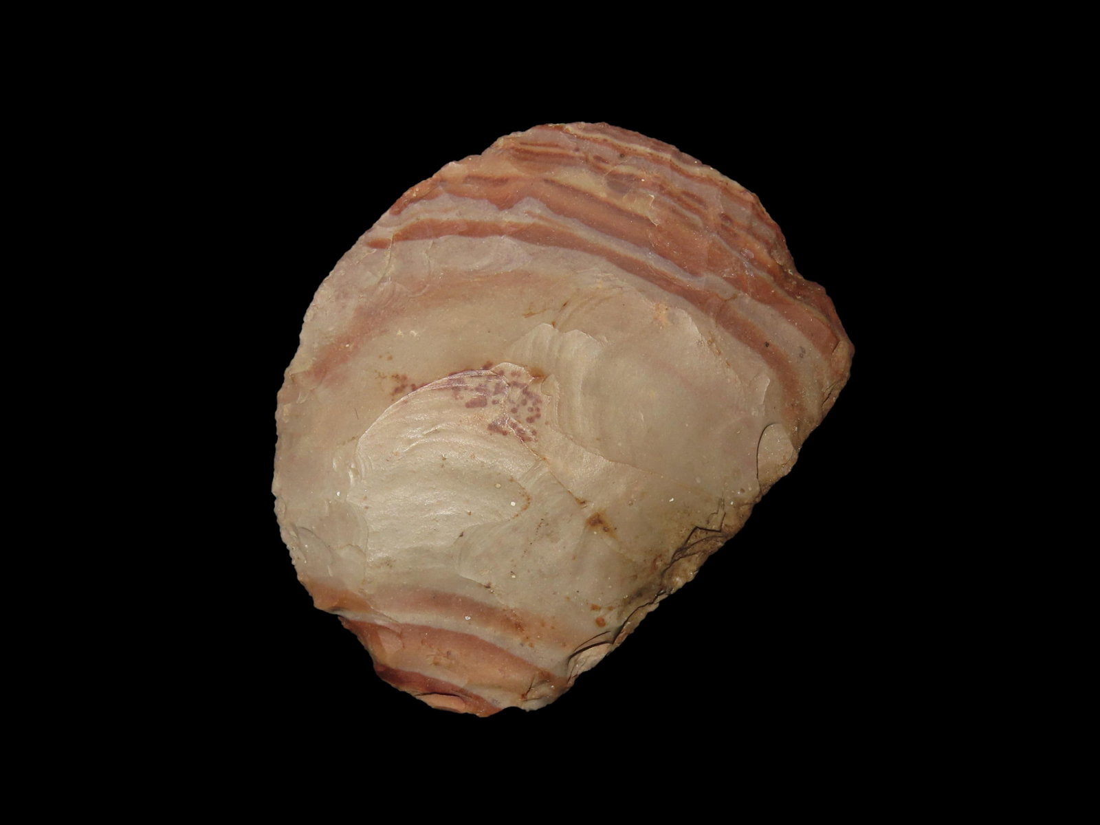 Colorful 2 3/4" Paleo to Archaic Crescent Knife, Buffalo River Chert, Wayne Co. Tennessee. Beautiful: Colorful 2 3/4" Paleo to Archaic Crescent Knife, Buffalo River Chert, Wayne Co. Tennessee. Beautiful Color, nicely flaked around the entire edge. Nice early Uniface Knife, heavily patinated!