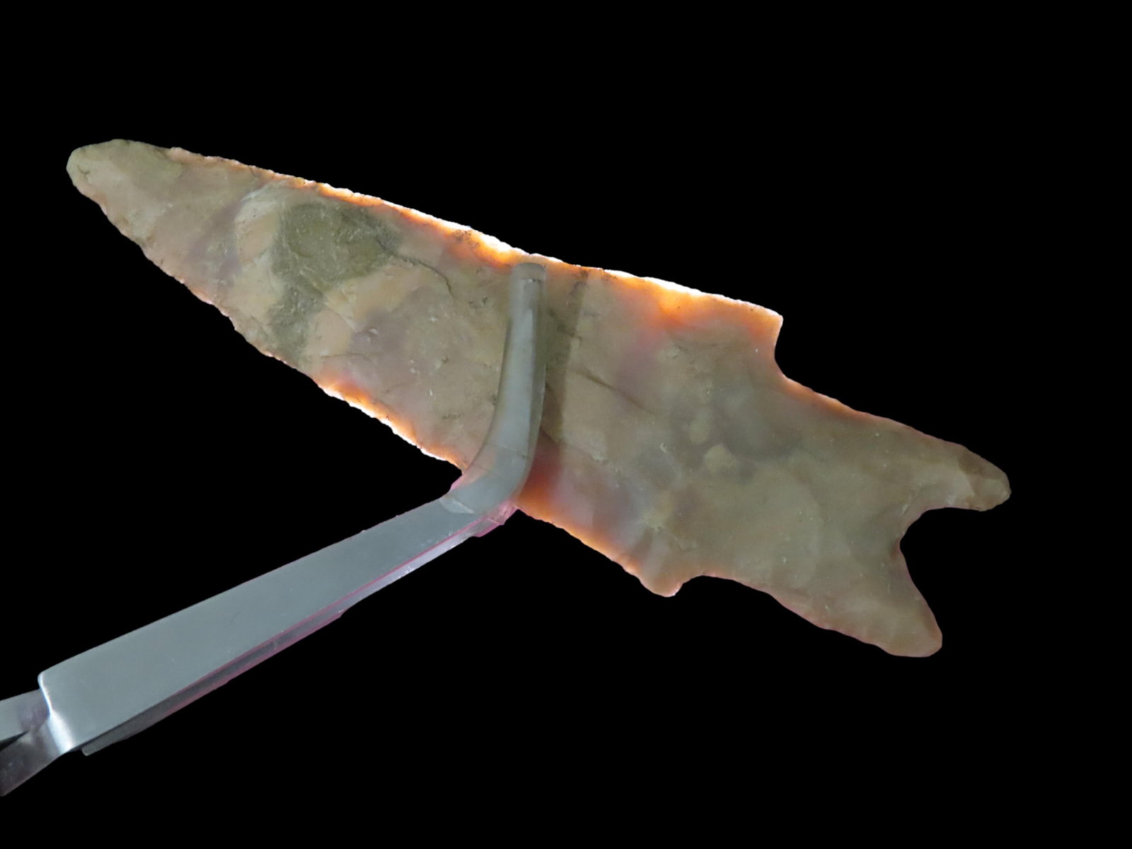 Colorful 4" Pedernales, Bandera Co. Texas. Thin & well flaked with heavy patina & deposits. Nice: Colorful 4" Pedernales, Bandera Co. Texas. Thin & well flaked with heavy patina & deposits. Nice colorful mottled brown, orange, and tan chert.