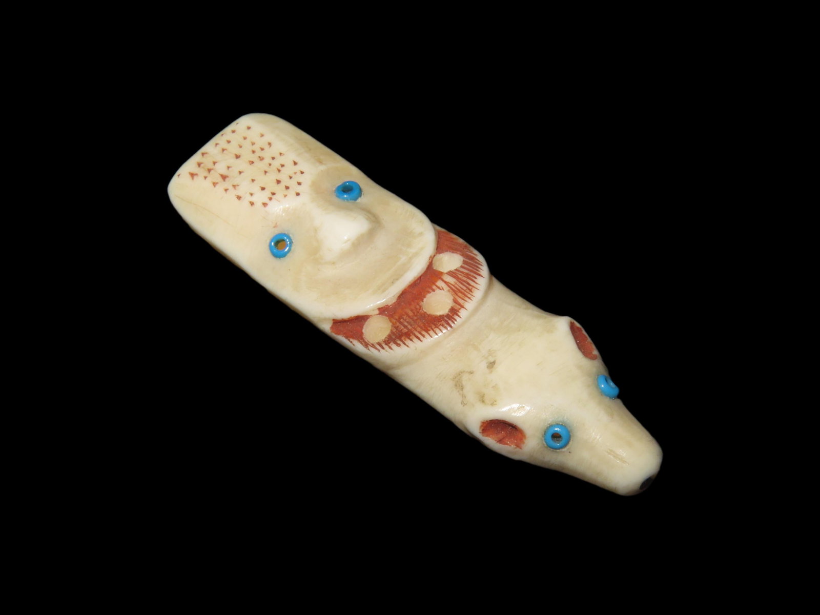 Amazing Northwest Coast Carved Bone Totem Effigy Pendant, Human & Bear effigies Intricately Carved: Amazing Northwest Coast Carved Bone Totem Effigy Pendant, Human & Bear effigies Intricately Carved in Relief with inlaid beads for the eyes. Drilled in the center on the back side for suspension. Very