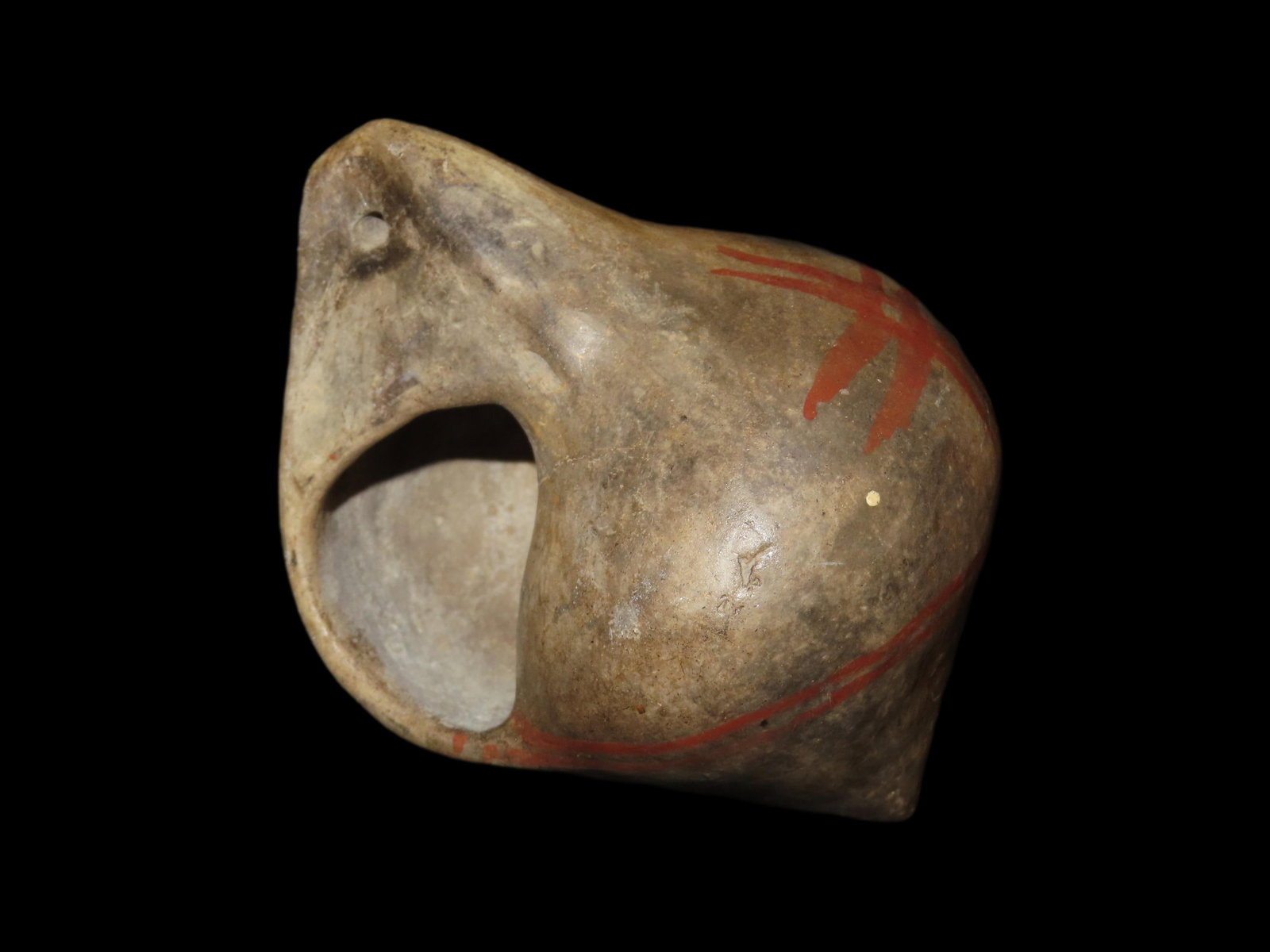 Incredible Pre-Columbian Shell Effigy Pottery Pendant with Original Hand Painted Warriors. Two: Incredible Pre-Columbian Shell Effigy Pottery Pendant with Original Hand Painted Warriors. Two distinct human Figures holding Staffs or Weapons, with other painted designs inbetween. Drilled at the to