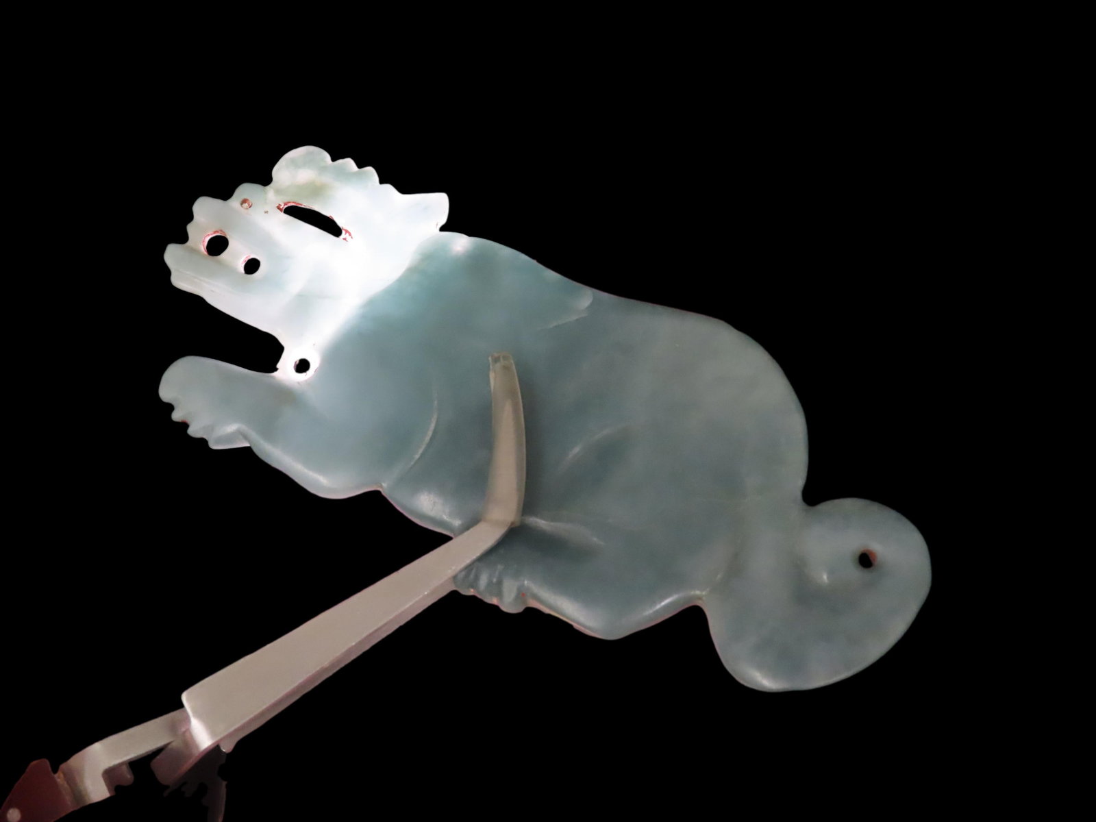 Incredible 4 7/8" Maya Jade Jaguar Effigy Pectoral. Guatemala. Motley COA. Highly Translucent piece: Incredible 4 7/8" Maya Jade Jaguar Effigy Pectoral. Guatemala. Motley COA. Highly Translucent piece of blueish green jade with amazing polish. Nicely carved example with intricate details and great pa