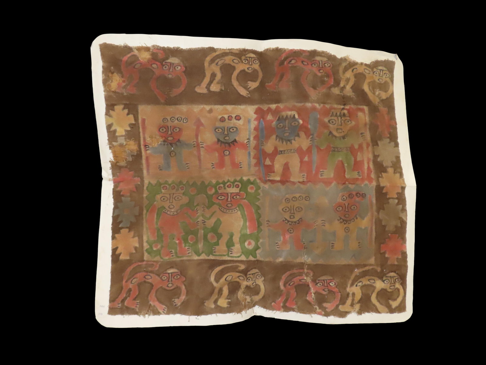 Incredible Pre-Columbian Chimu / Chancay Painted Textile. Circa 900-1300 CE. From the North Coast of: Incredible Pre-Columbian Chimu / Chancay Painted Textile. Circa 900-1300 CE. From the North Coast of Peru. Large and Wonderful panel, woven in coarse cotton fibers and hand painted with a central scen