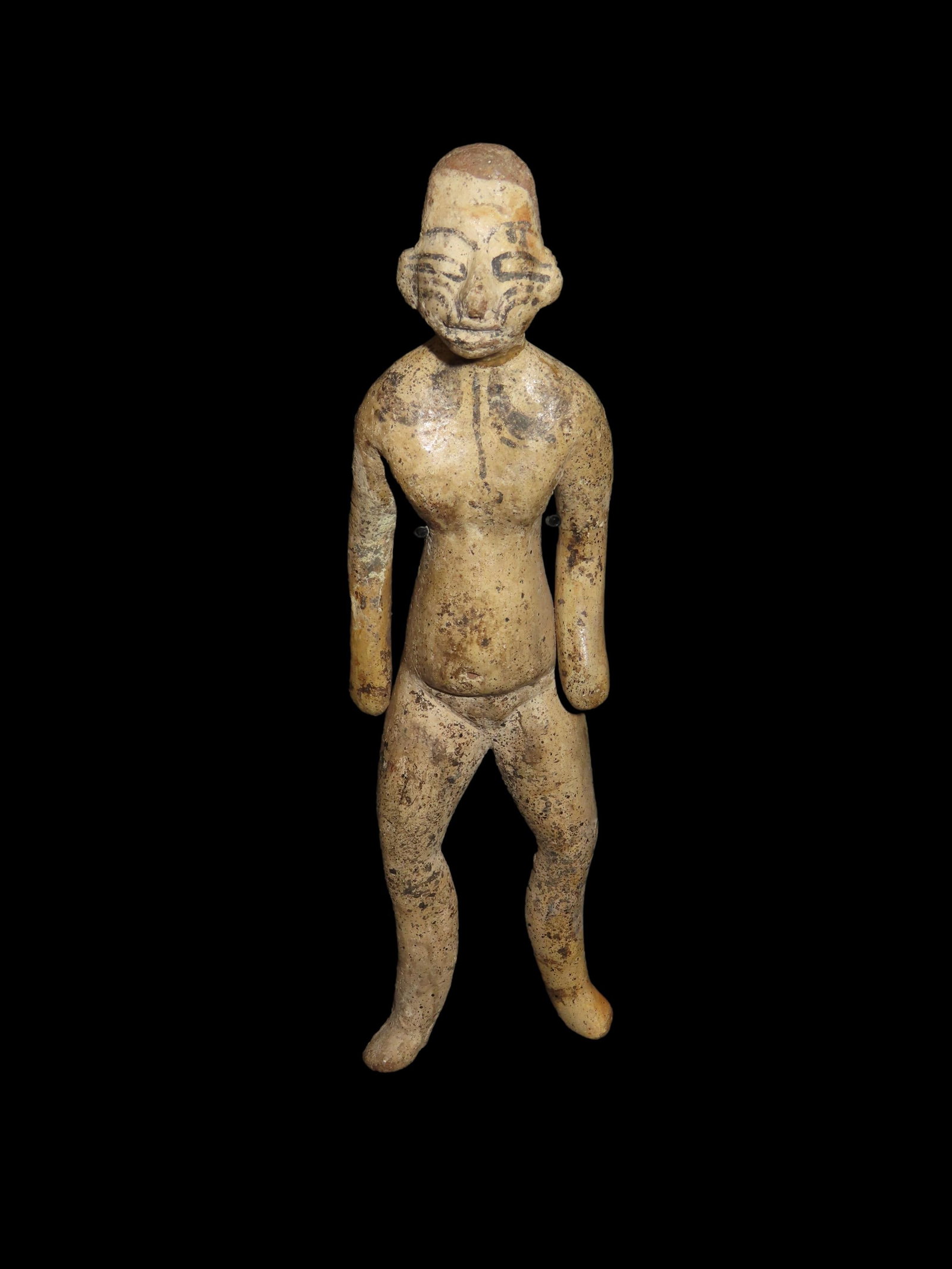 Extremely Rare 5 1/2" Olmec / Maya Ceramic Figure, Central America, W/ Museum Display Stand. Very: Extremely Rare 5 1/2" Olmec / Maya Ceramic Figure, Central America, W/ Museum Display Stand. Very detailed all original hand painted facial features and body decoratin / tattoos. Heavy no brainer pati