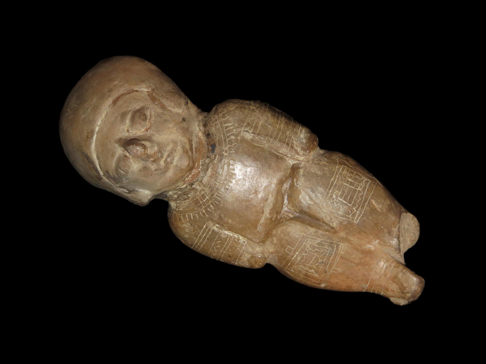 Rare Ecuadorian Human Effigy Ocarina, Ecuador. Very Nice Pottery Whistle with intricate engravings,: Rare Ecuadorian Human Effigy Ocarina, Ecuador. Very Nice Pottery Whistle with intricate engravings, made oin the shape of a full bodied Human figure. Possibly Jama Coaque or Guangala Culture. 6 1/2" T