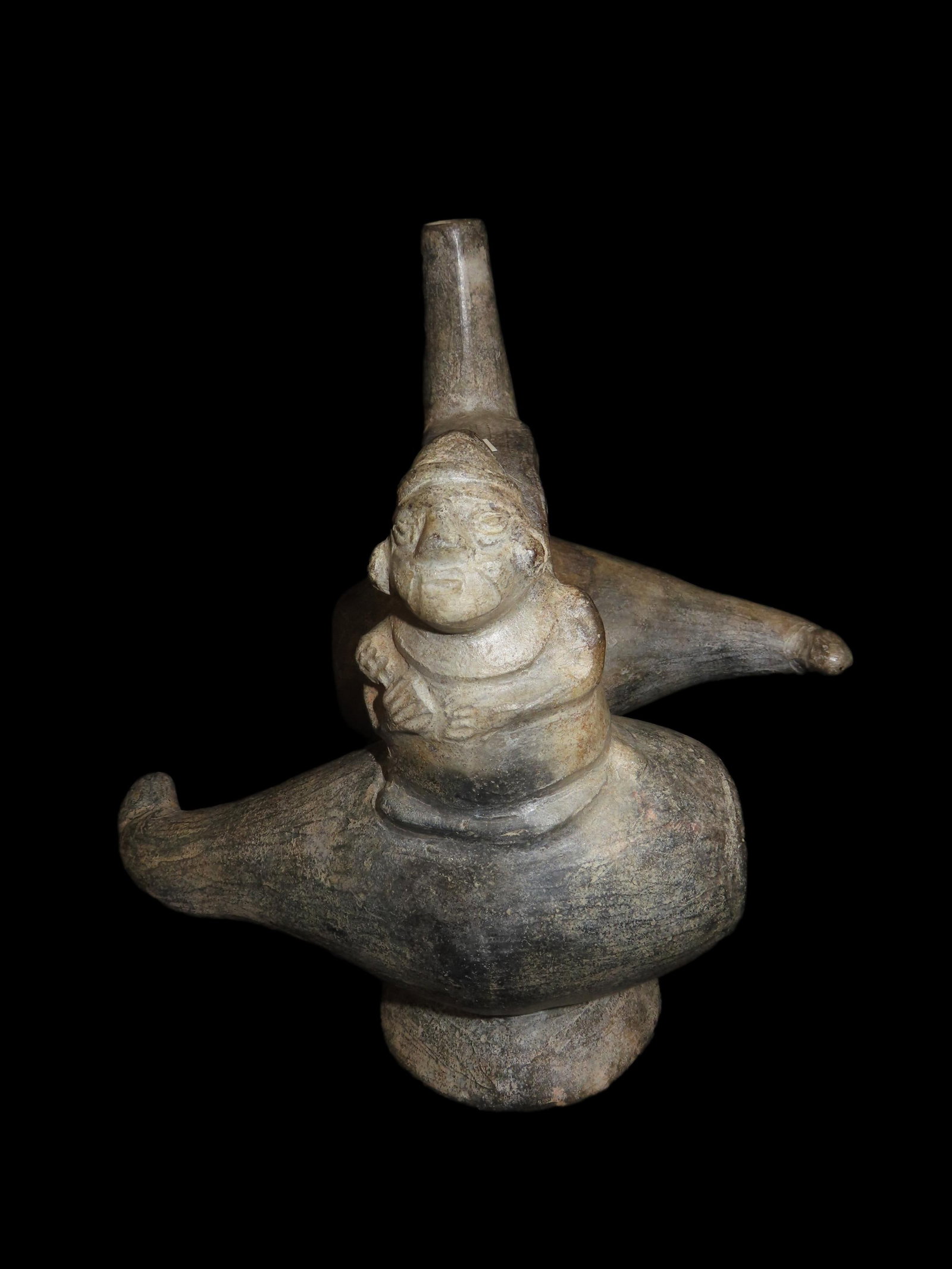 Amazing Inca Human / Gourd Effigy Stirrup Whistle Bottle. Peru. Nice elaborate design. Opposite (1 of 9)
