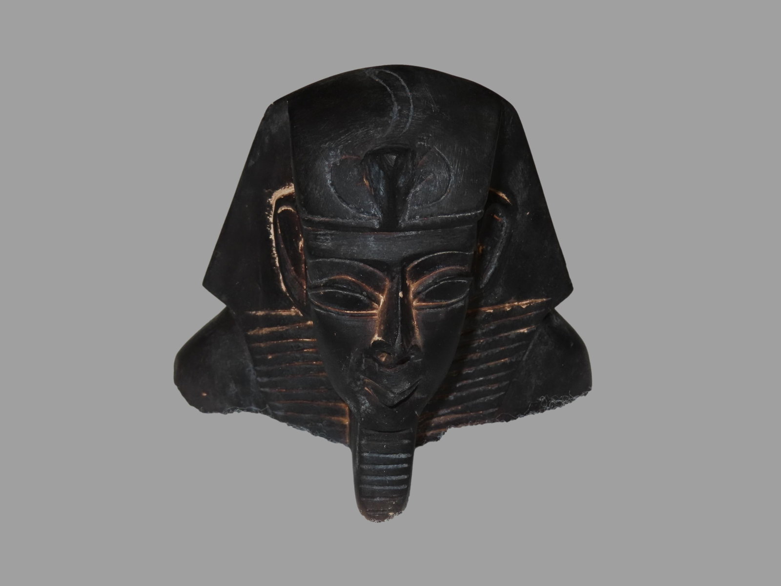 Large Egyptian Stone Pharaoh Bust Carving from a once larger Statue. 4 3/8" by 4". Well patinated: Large Egyptian Stone Pharaoh Bust Carving from a once larger Statue. 4 3/8" by 4". Well patinated example with nice deposits.