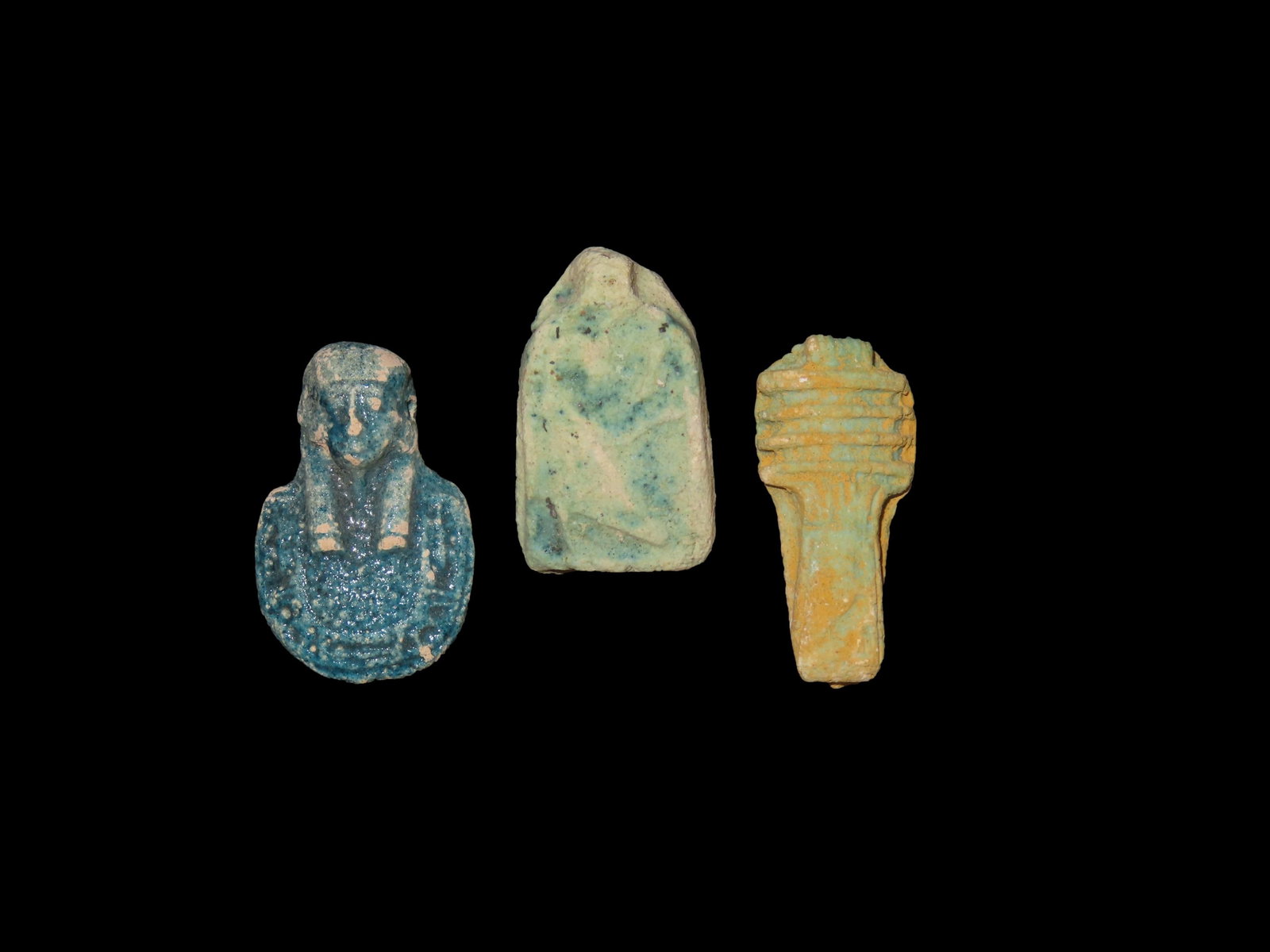 Group of 3 Great Egyptian Amulets / Ushtabi, 1085-730 BC, Faience, Nice Examples with Great Patina: Group of 3 Great Egyptian Amulets / Ushtabi, 1085-730 BC, Faience, Nice Examples with Great Patina