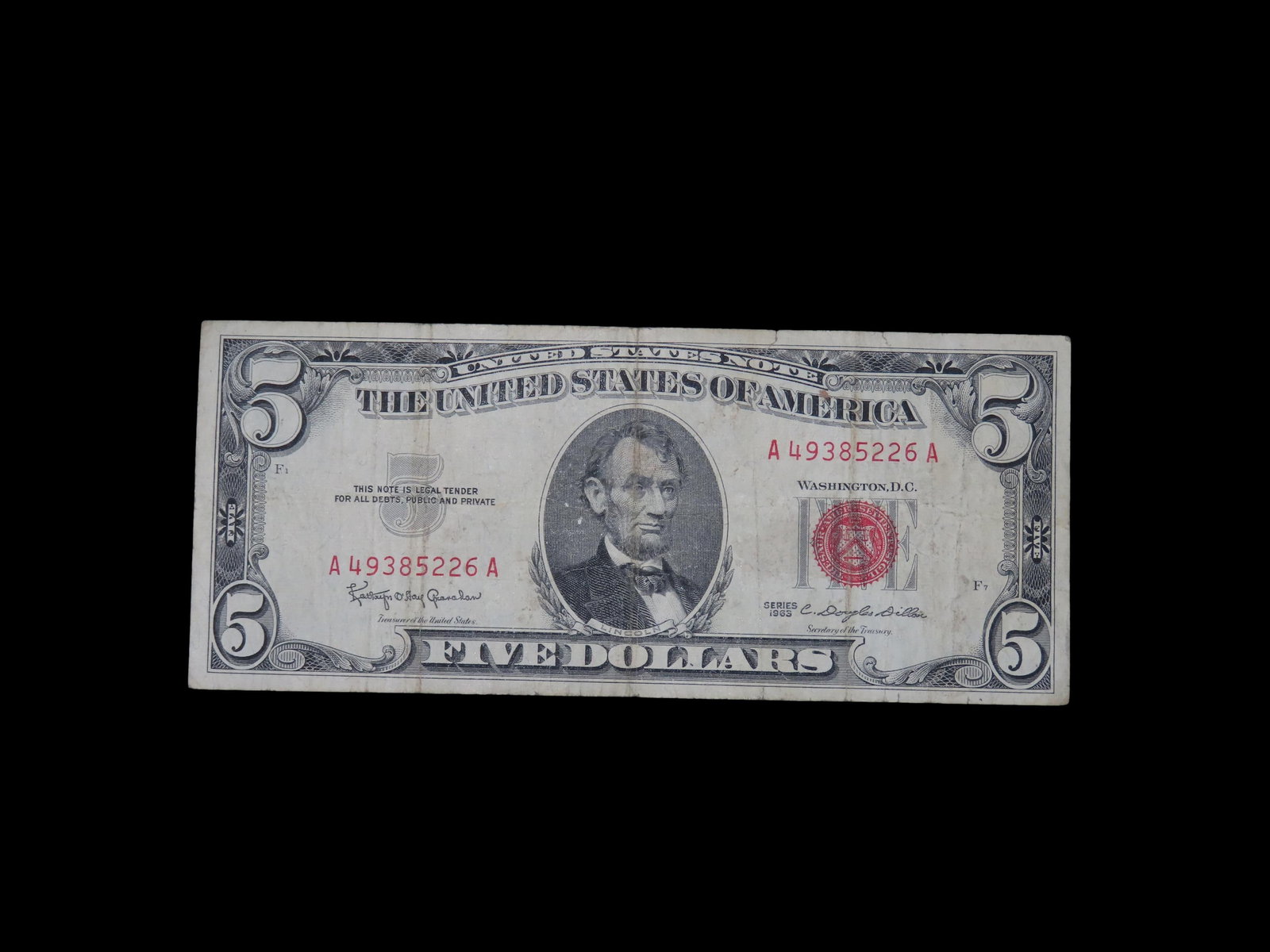Early US $5 Silver Certificate Red Seal from 1963. Great Crispy Condition. Five Dollar, United: Early US $5 Silver Certificate Red Seal from 1963. Great Crispy Condition. Five Dollar, United States Currency