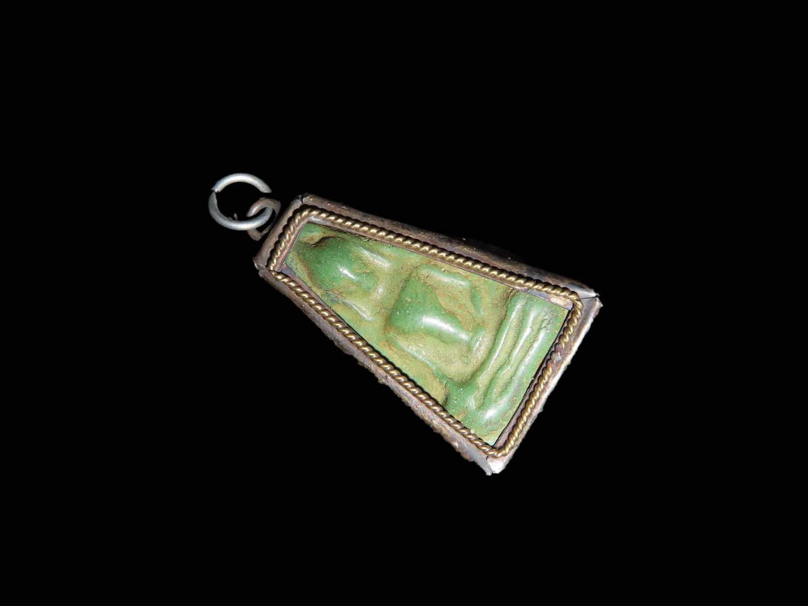 Antique Chinese Carved Stone Religious Buddha Pendant, Wrapped in Bronze Bezel, Great Vintage Piece: Antique Chinese Carved Stone Religious Buddha Pendant, Wrapped in Bronze Bezel, Great Vintage Piece of Jewelry