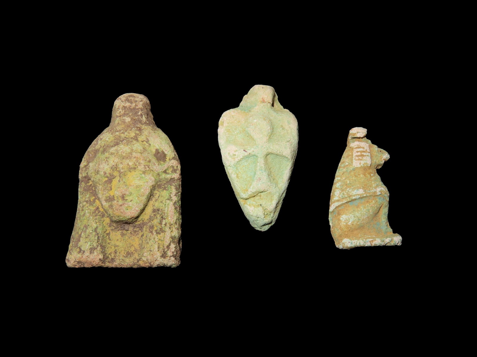 Group of 3 Great Egyptian Amulets / Ushtabi, 1085-730 BC, Faience, Nice Examples with Great Patina: Group of 3 Great Egyptian Amulets / Ushtabi, 1085-730 BC, Faience, Nice Examples with Great Patina